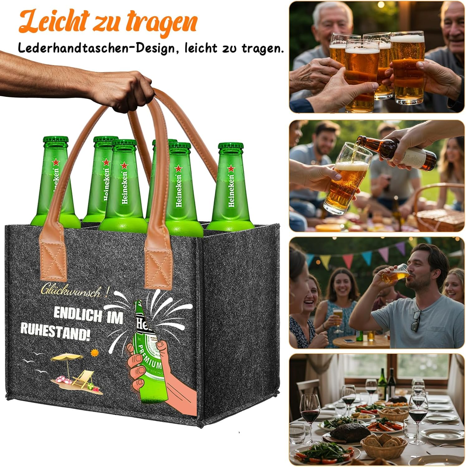 Retirees Gift, High Quality Felt Beer Bag for 6 Bottles with Bottle Opener & Greeting Card & Collector of Beer Bottle Caps - Ideal Retirement Gift for Men, Friends, Coworkers, Gray