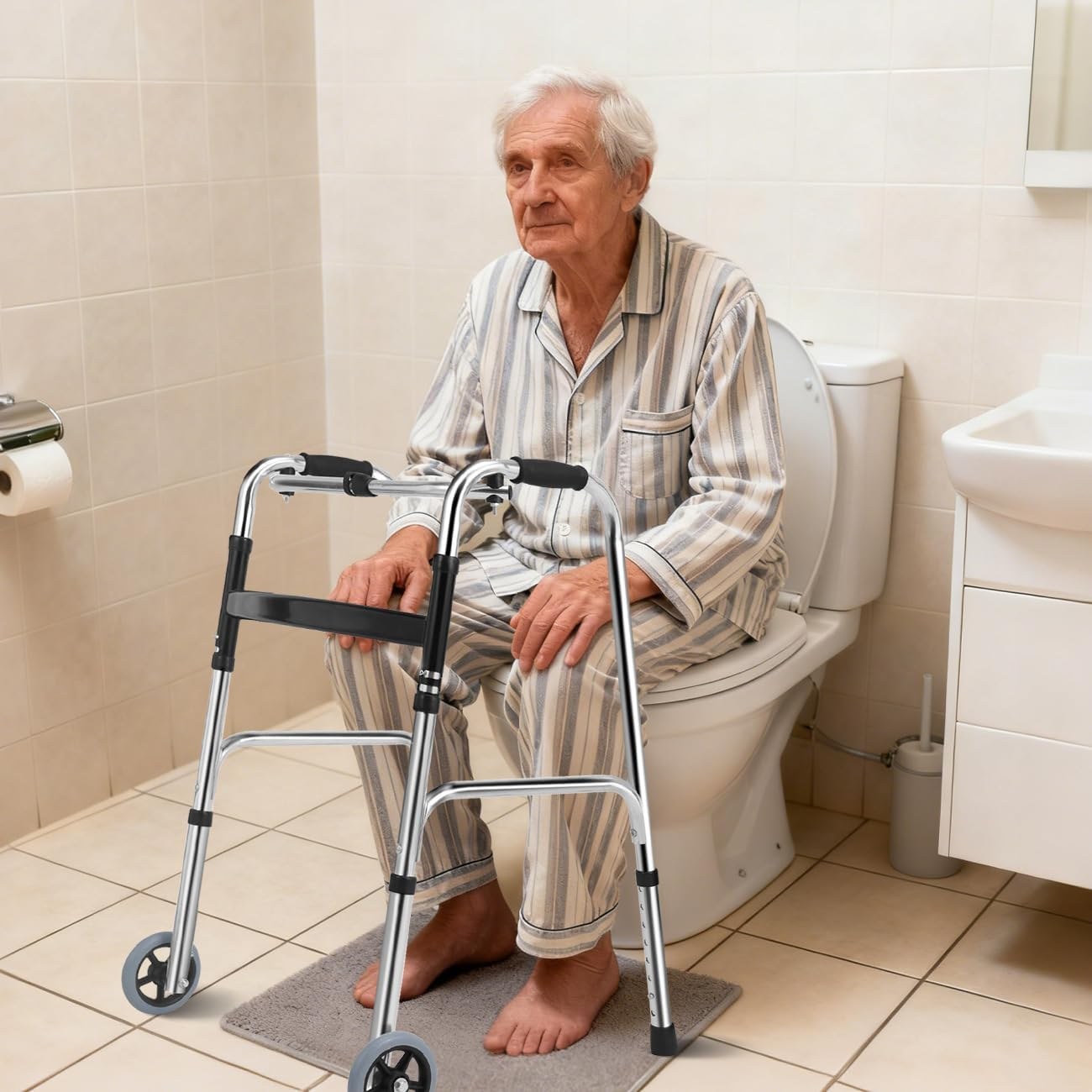 Lightweight Aluminum Folding Walking Frame for Seniors,Adjustable Height Mobility Walker with Anti-Skid Wheels for Adults, Elderly