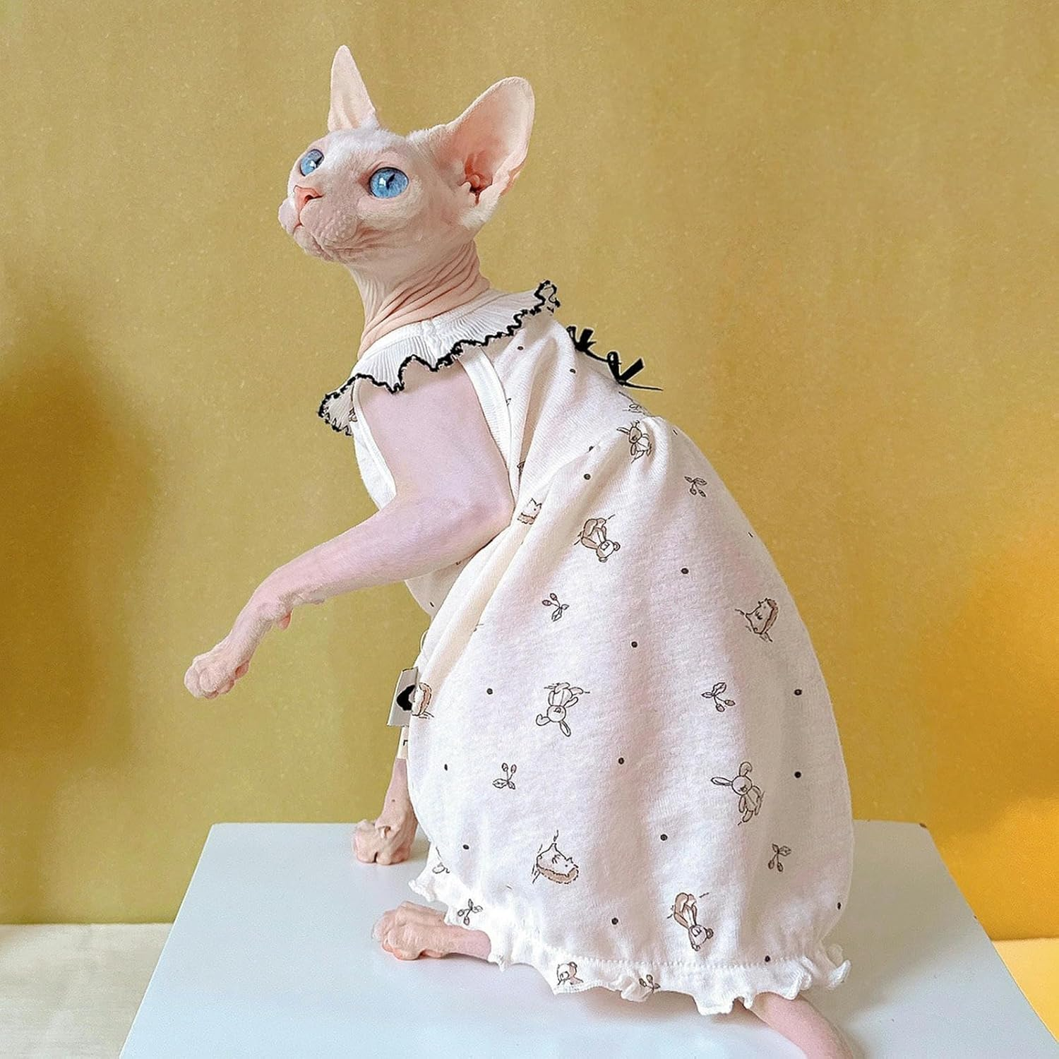 IUOUTG Sphynx Cat Clothes Hairless Cat T-Shirts Soft Cotton Cat Vest with Bow Tie Cute Kittens Princess Dress with Cartoon Print for Cats & Small Dogs Summer Puppy Apparel image number 5