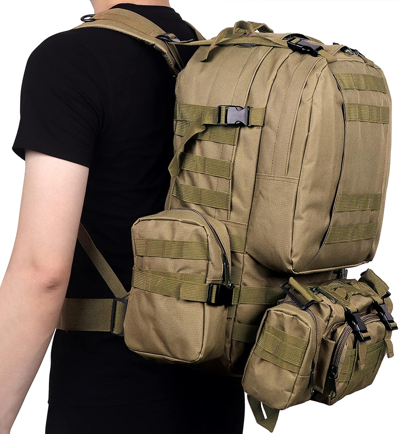Yunyunstrap Tactical Backpack 50L, Molle Daypack Men, 4 in 1 Military Bag, Outdoor Sport Hiking Climbing Army Camping Bags - Army Green image number 4