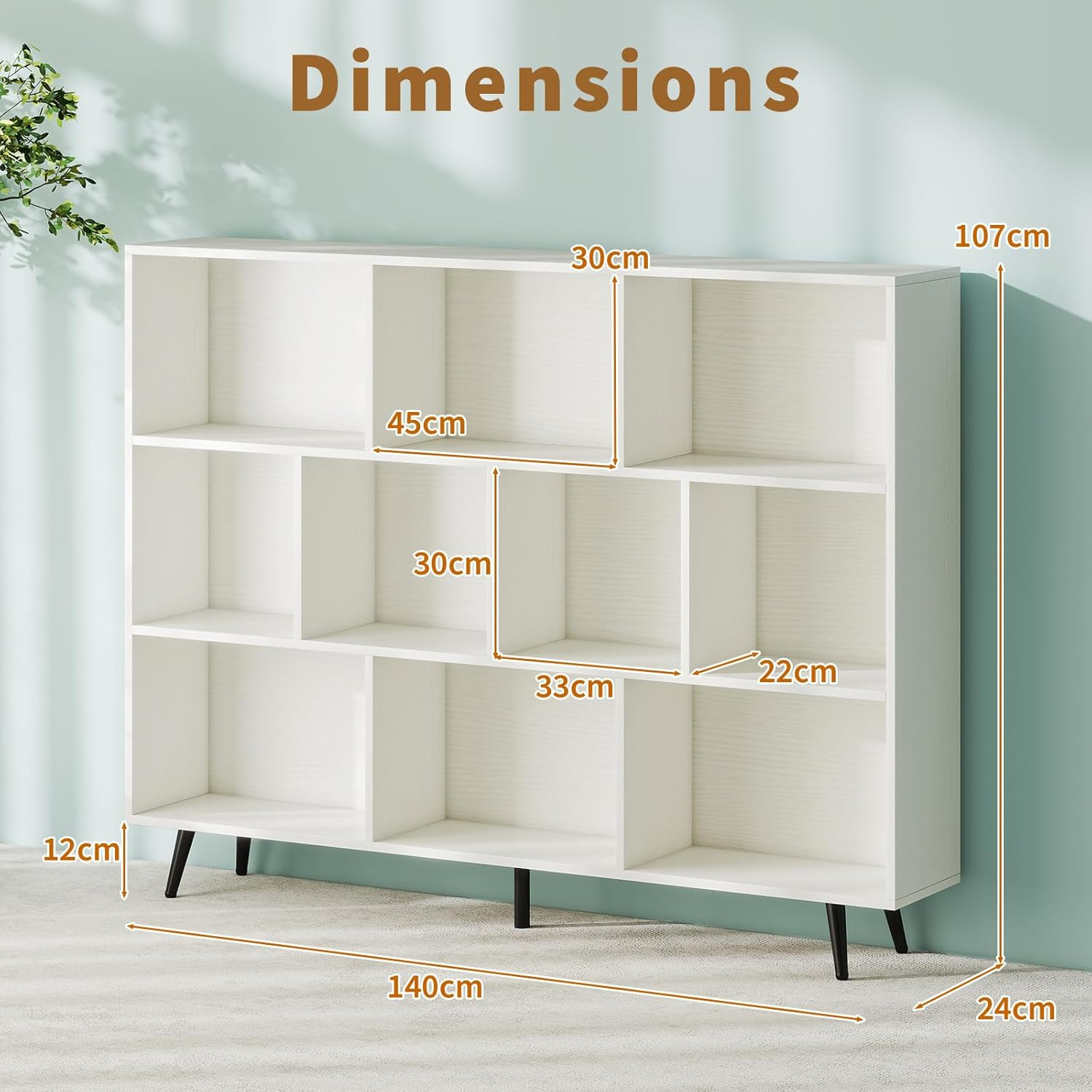 Giantex 10-Cube Bookcase, 140 Cm Mid Century Modern Storage Organizer with 4 Tapered Metal Legs, Freestanding Display Rack Bookshelf with 2 Anti-Tip Kit for Living Room, Study Room, Bedroom, White image number 2