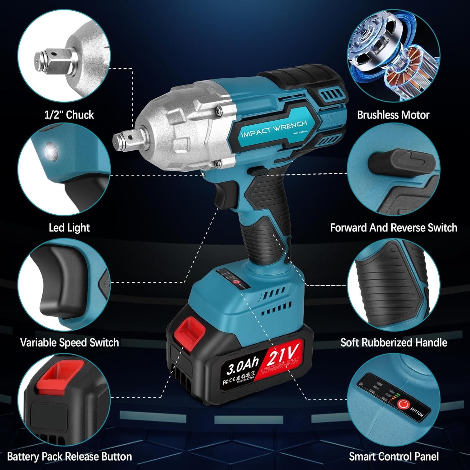 1/2 Inch Cordless Impact Wrench: Brushless High Torque Impact Gun, 480 Ft-Lbs (650N.M) Electric Impact Wrench with 2Pcs 3000Mah Battery, 9 Sockets & Storage Case for Home/Car Maintenance