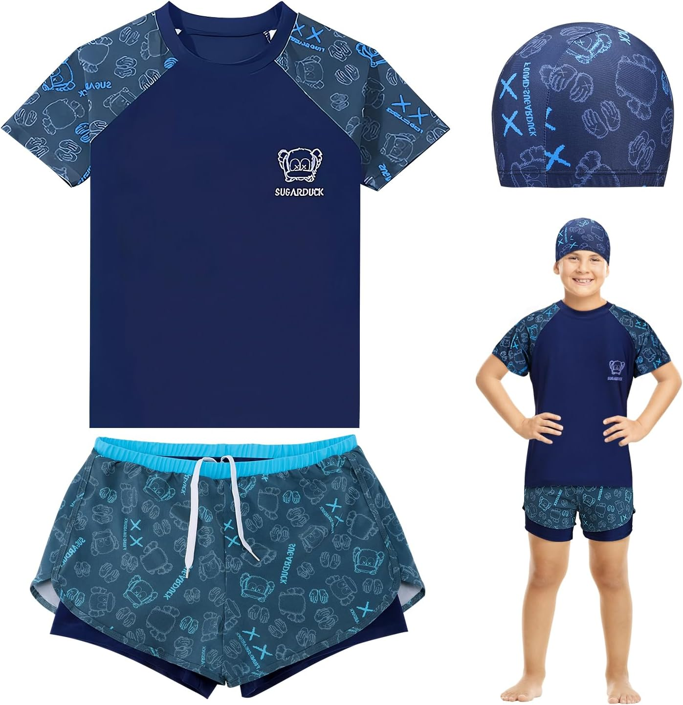 WOTOW Boys Short Sleeve Swimsuit, 3 Piece Rash Guard Swimsuit Set Short Sleeve Bathing Suit with Swimming Cap, Summer Quick Dry Swimwear for Kids Boys 4-16 Years