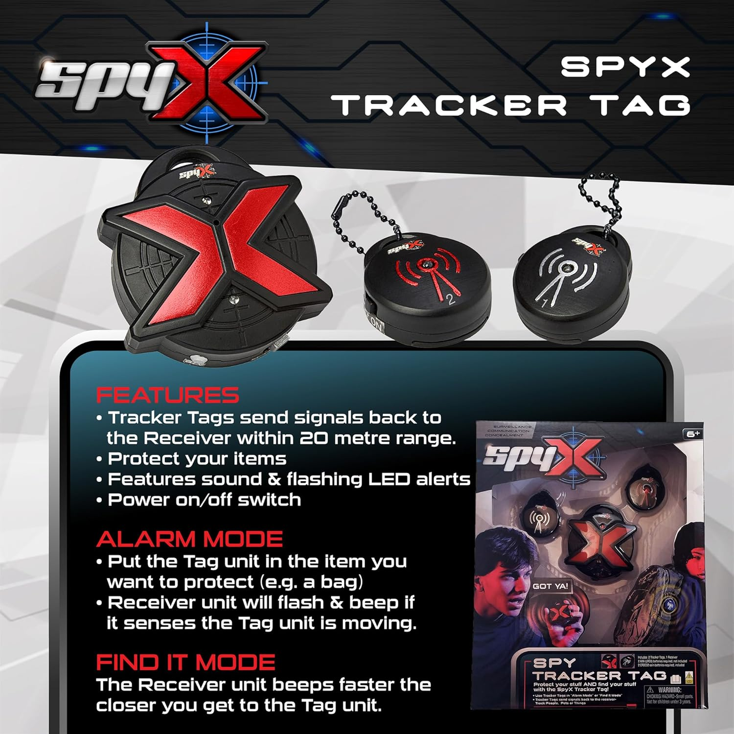 Spyx Spy Tracker Tag for Kids &ndash; Track & Protect Belongings with 2 Tag Transmitters, Alarm & Tracking Modes &ndash; No App or Phone Needed &ndash; Spy Gadget for Boys & Girls Age 6+ image number 1