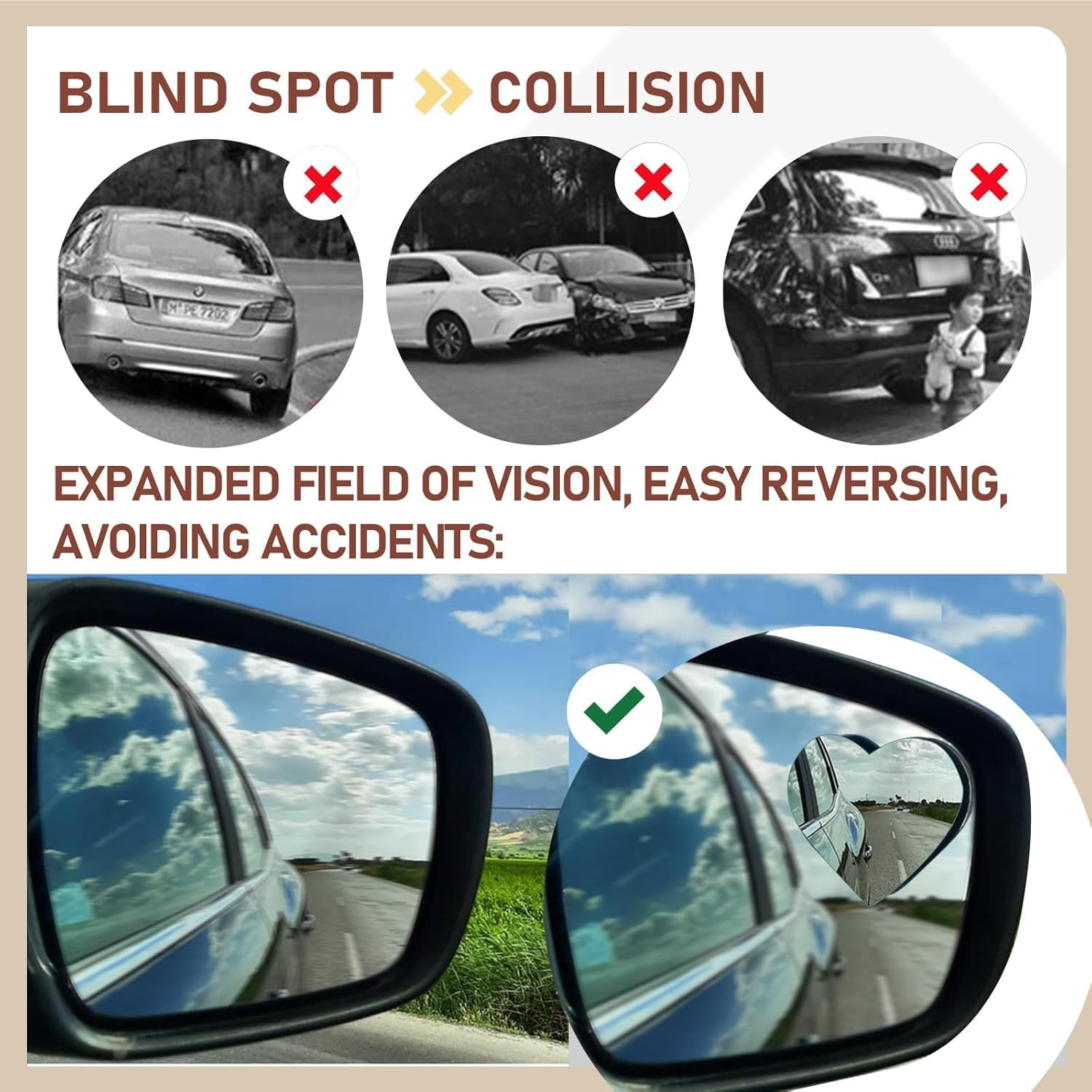 2 Pack Heart Blind Spot Mirrors, Wide Angle Convex Rearview Side Mirrors, Cute Frameless Stick-On Car Accessories for Women, Suvs, and Trucks image number 1