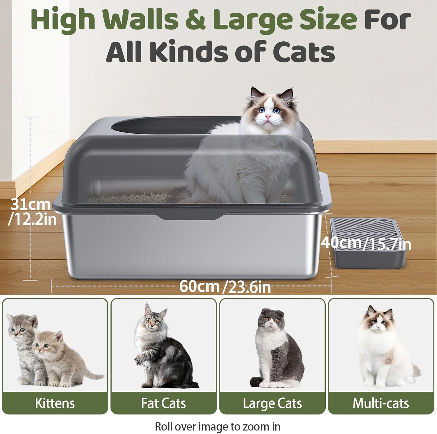 Gimars XL Stainless Steel Cat Litter Box, Large Stainless Steel Cat Litter Tray, 20L Metal Litter Tray with Litter Scoop & Pedal, Good for Large Medium Cats image number 2