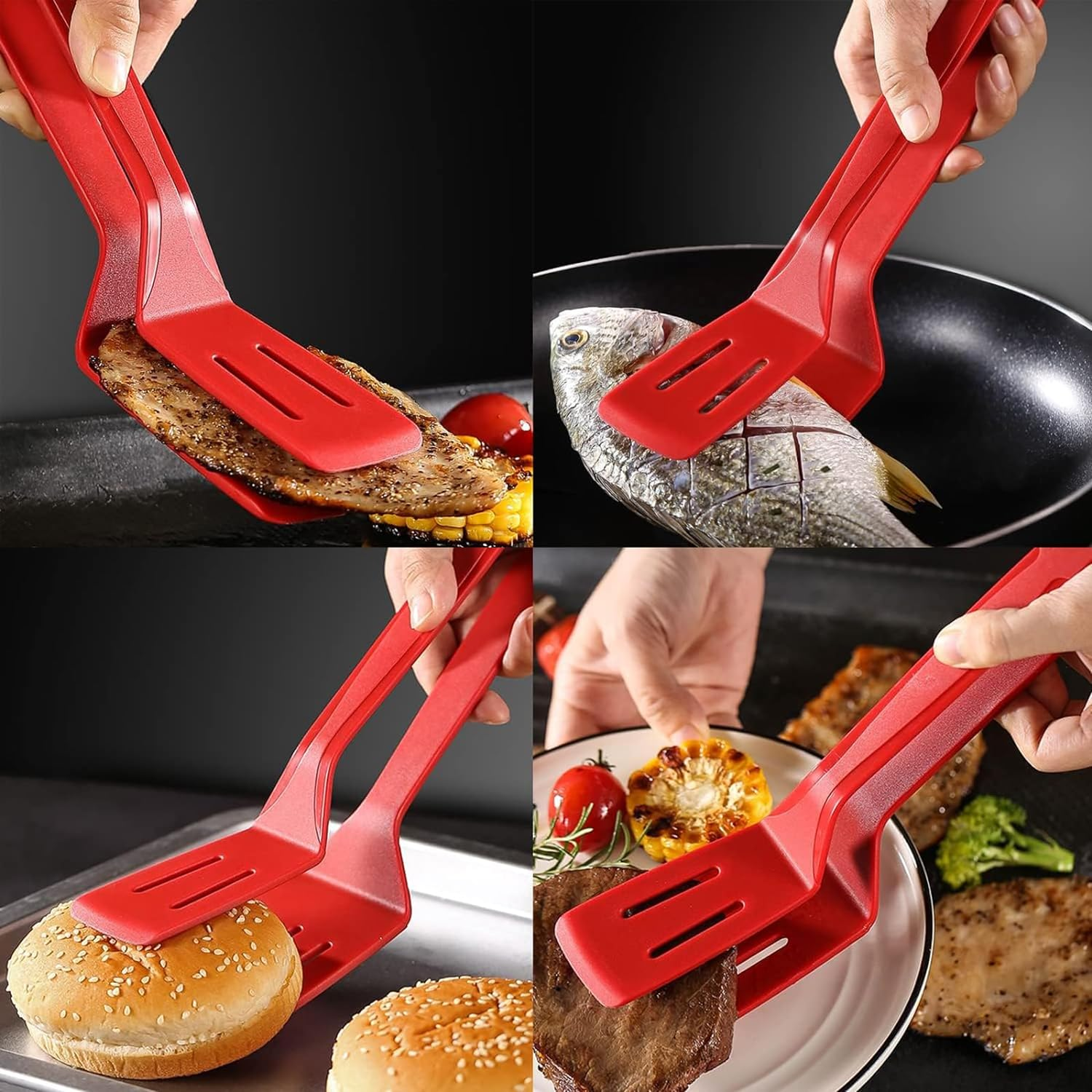 Silicone Kitchen Cooking Tongs, Premium Stainless Steel Silicone Barbecue Clamp, Multipurpose BBQ Clamp Spatula for Gripper Bread Clip, Fried Steak, Flipping Fish, Toast Salad Tongs - 11 Inch image number 3