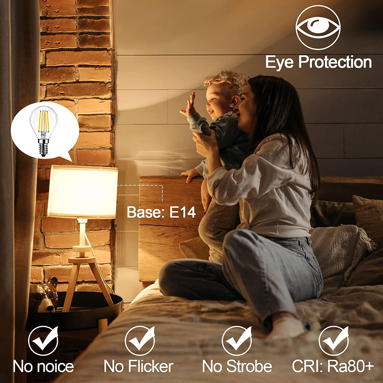 BRIMAX E14 LED Vintage Golf Ball Bulb Dimmable 4W, 40W Equivalent, Soft Warm White 2700K 400Lm, SES Filament Mini Globe Marquee Bulb, G45 Chandelier Light Bulbs, Bedroom Bulbs, 4 Pack image number 2