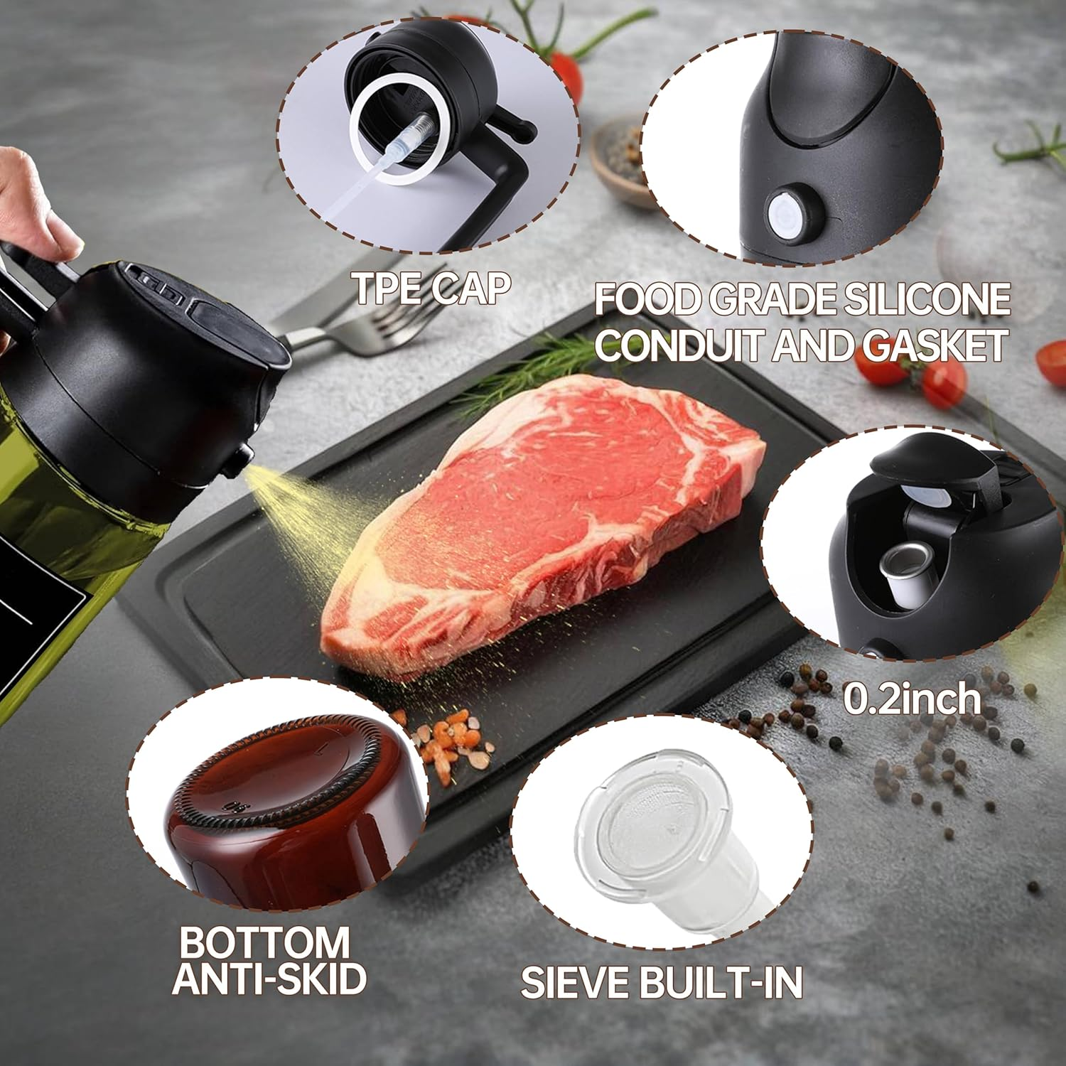 LYCIDAE Oil Sprayer, 2-In-1 Oil Spray Bottle & Dispenser, 16Oz/470Ml Sunlight-Resistant Glass Bottle with Pourer, for Cooking, Salad, Frying, BBQ (470Ml-Black) - Dark Brown image number 3