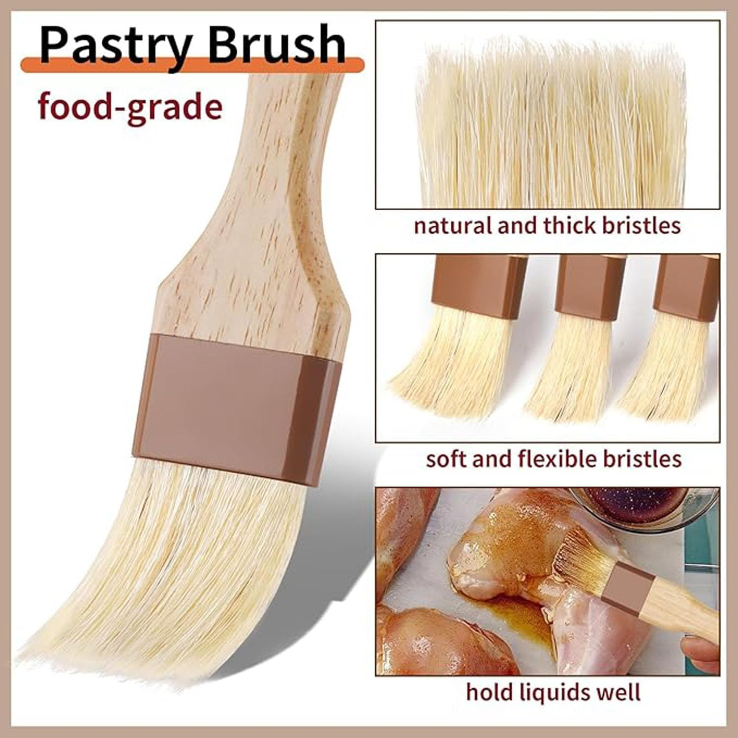 3 Piece Natural Bristle Wooden Handle Pastry and BBQ Sauce Brushes for Cooking, Baking, Grilling and Kitchen Waxing image number 3