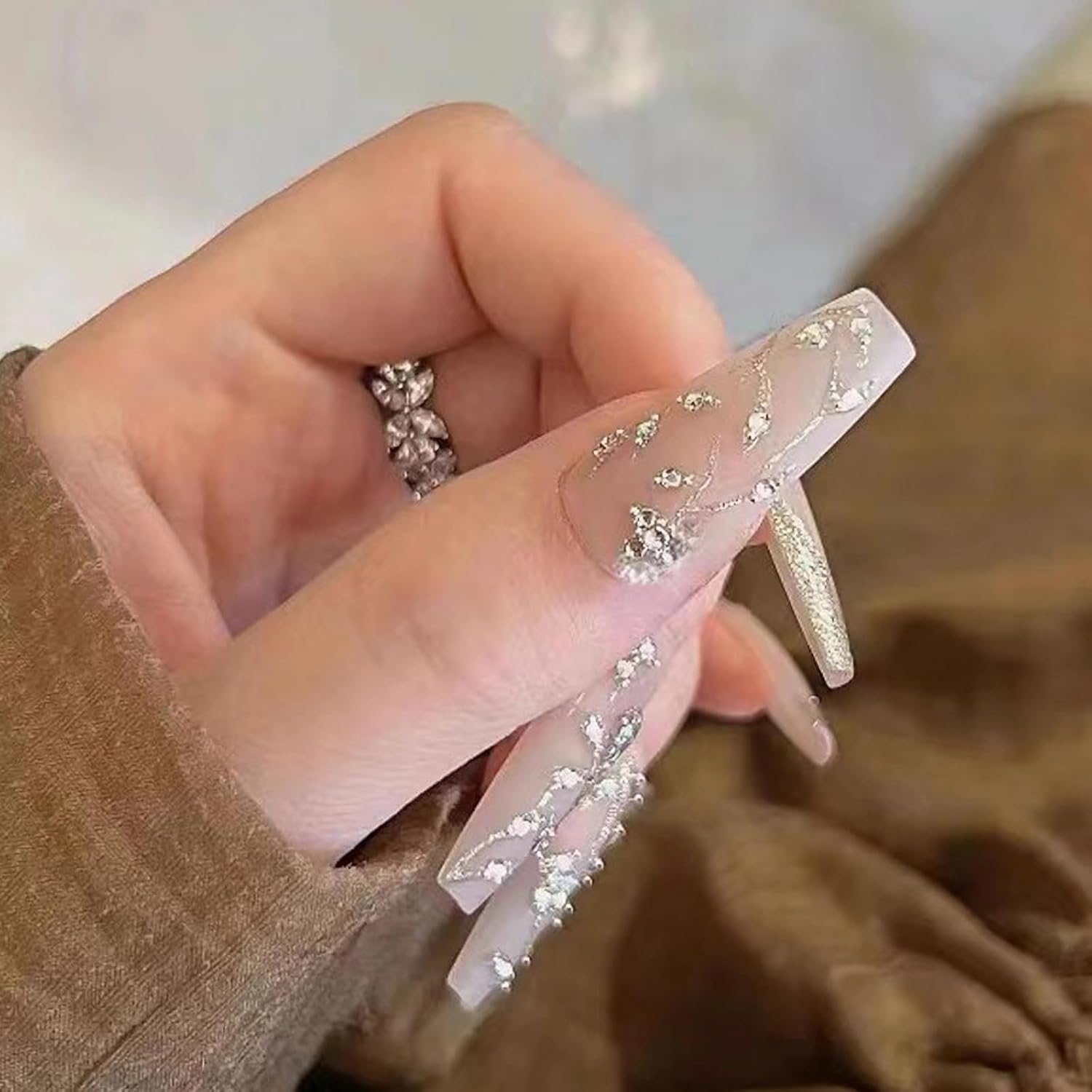 MISUD Press Nails Long Coffin False Nails Glossy Glue on Nails Gel Nude Acrylic Nails Bling Gold Glitter French Tip Ballerina Artificial Nails 3D Flower Rhinestone False Nails with Di - 03118Nude image number 5