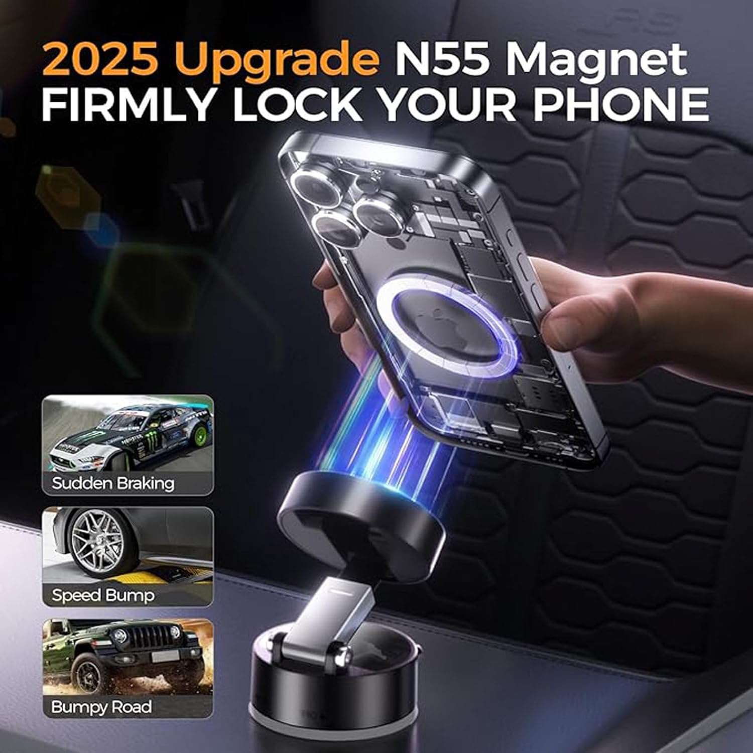 Vacuum Magnetic Phone Holder, 360&deg; Rotating Adjustable and Foldable Suction Cup Phone Holders, Stand Magnetic Phone Holder for Car/Gym/Mirror/Smooth Surface (Black) image number 4