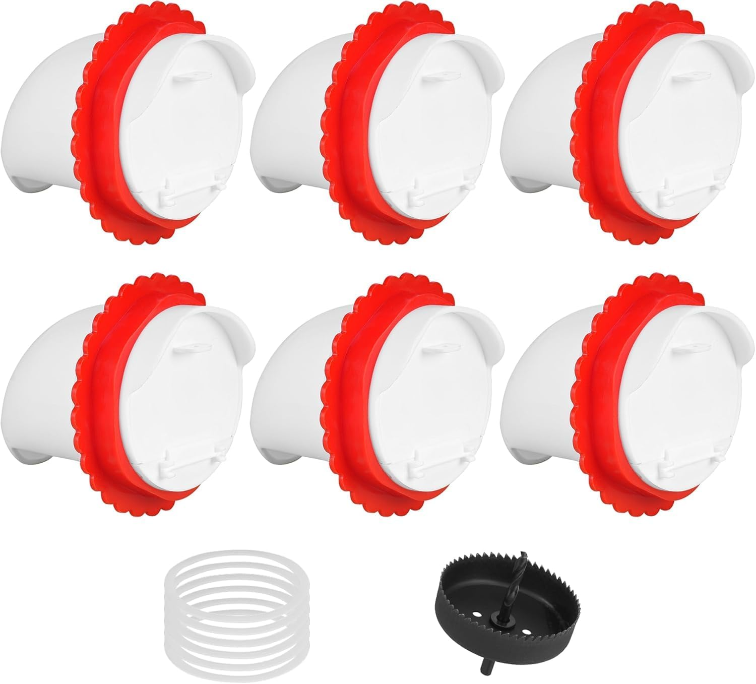 6Pcs Chicken Feeder Port, Upgraded Chicken Feeder No Waste, Waterproof Chickens Feeders with Raised Baffle & 1 Drill Bit, Poultry Feeders for Buckets, Barrels, Bins, Troughs image number 2