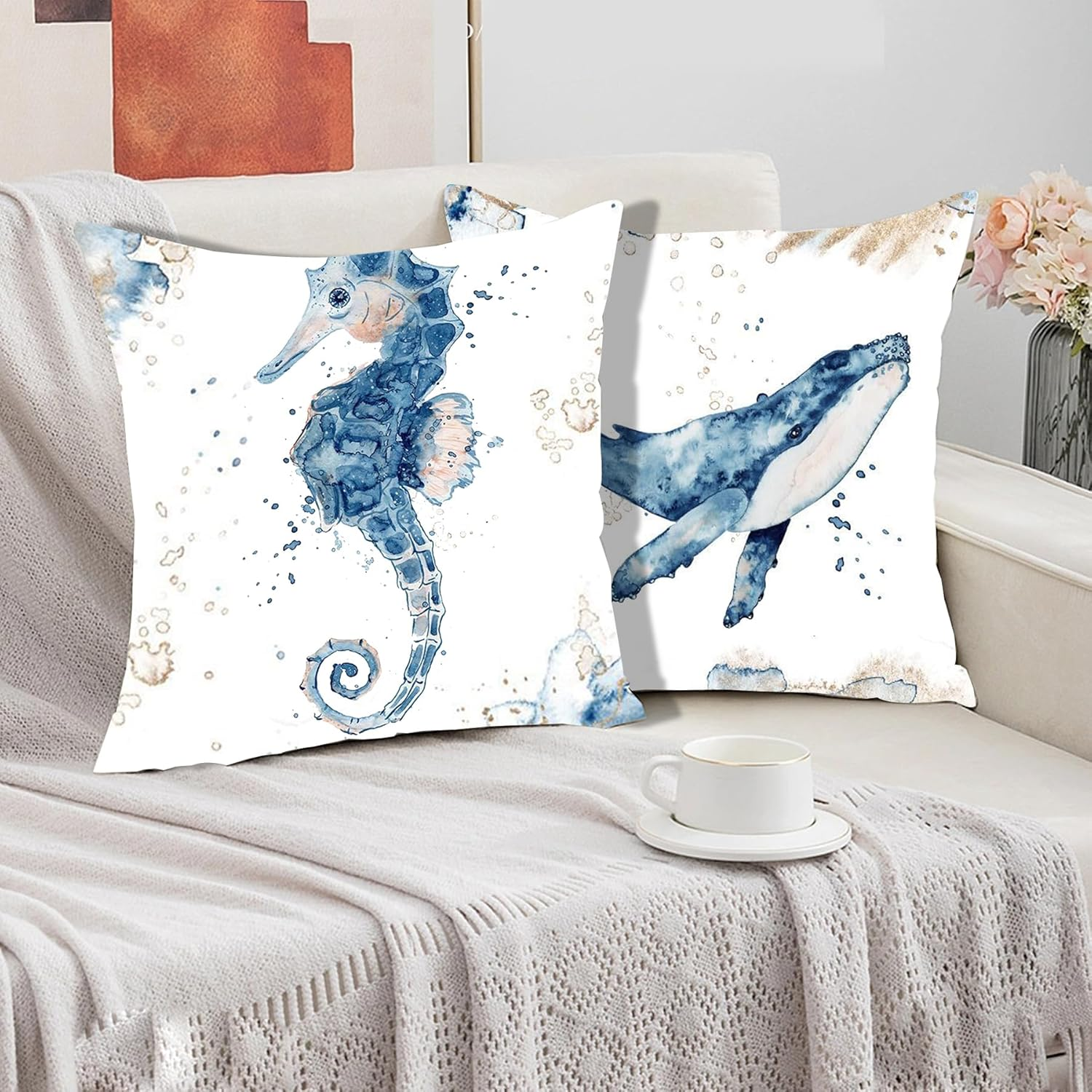 Generic Theme Pillow Covers 18X18In, 4-Pack Ocean Beach Coastal Decor Outdoor Cushions Seashell Throw Pillow Covers for Couch, Sofa, Bed (W/O Insert) &ndash;Turtle Seahorse Whale Octopus (Ocean Theme) image number 1