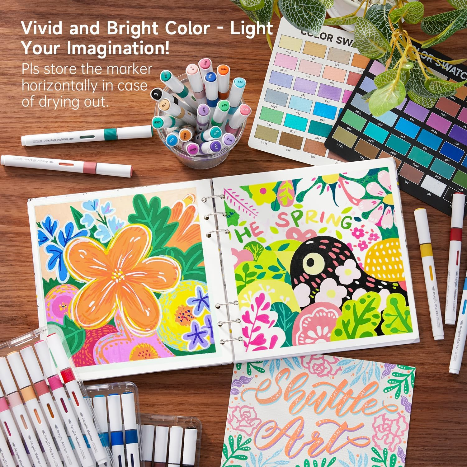 Shuttle Art Automatic Ink Control Acrylic Paint Markers, 36 Colors Brush Tip Acrylic Paint Pens for Rock Painting, Ceramic, Wood, Canvas, Glass, Stone, Fabric, Card Making, DIY & Art Supplies image number 4