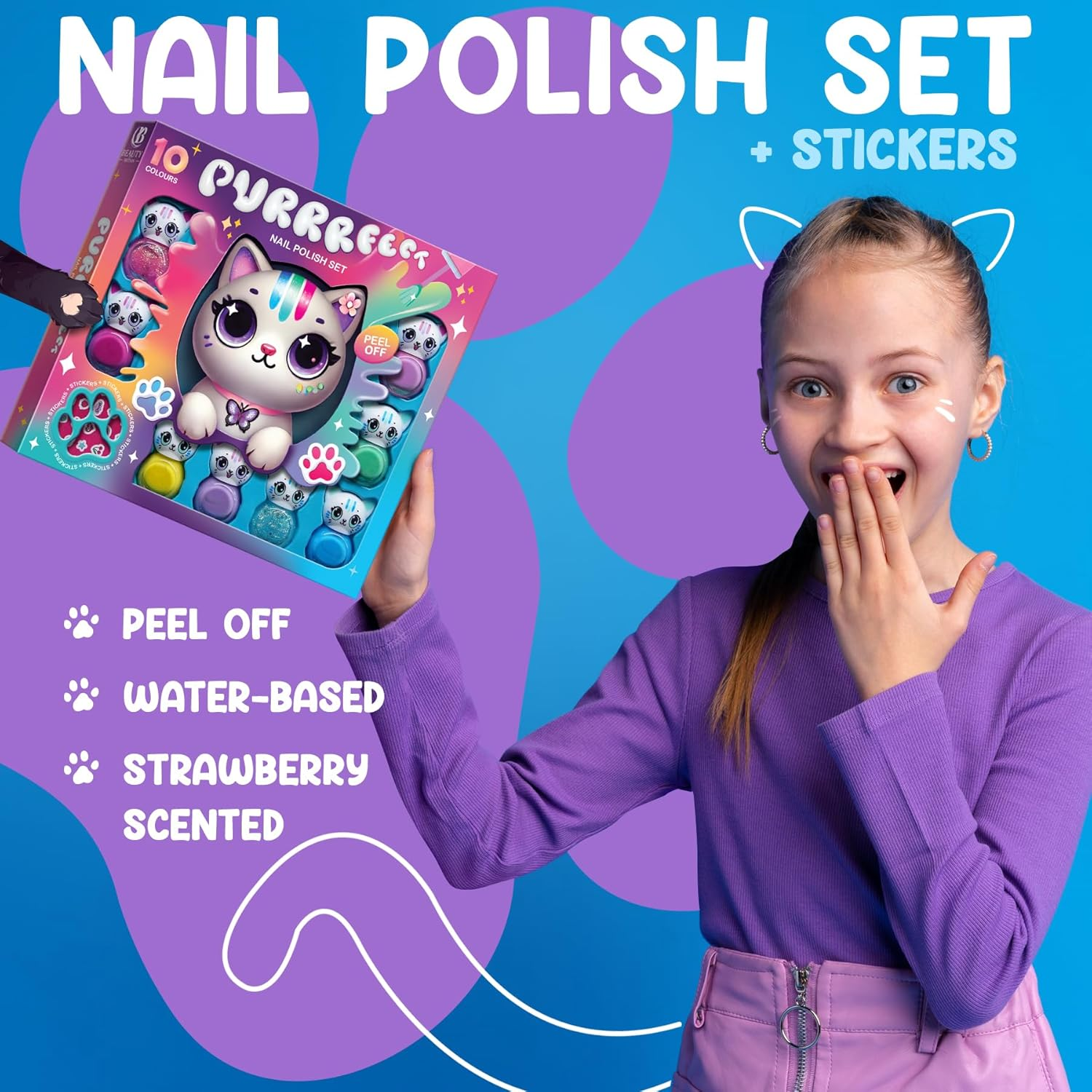 Cat Shape Water Based Nail Polish Set - Beauty4Britain 14 Colours Quick Dry Peel off with Cat Nail Stickers Gift Box Included