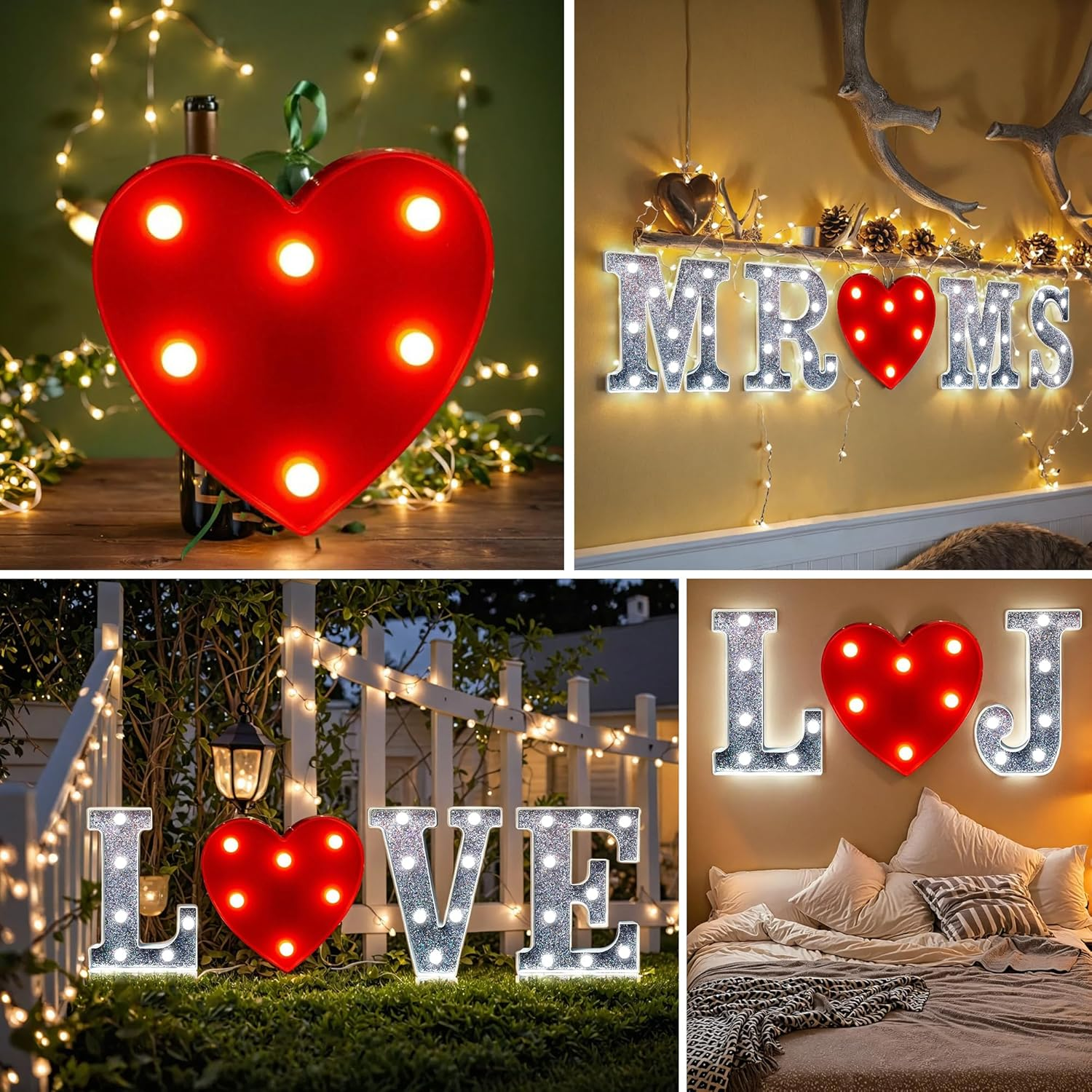White Digital LED Letter Lights with Shiny Heart Embellishments Create a Warm Atmosphere and Suitable as Night Light for Birthdays, Weddings and Parties. (Heart Shape) image number 3