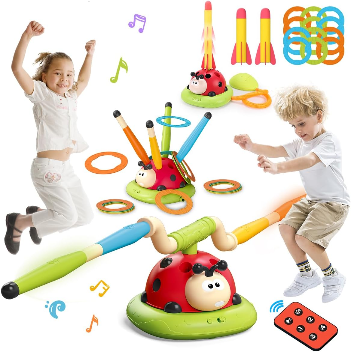 Kaekid Indoor Outdoor Toy for Kids Ages 3+, 3 in 1 Rocket Launcher/Musical Jump/Ring Toss Game with Remote Control and Music, Birthday Gifts for 3-8 Year Old Boys Girls