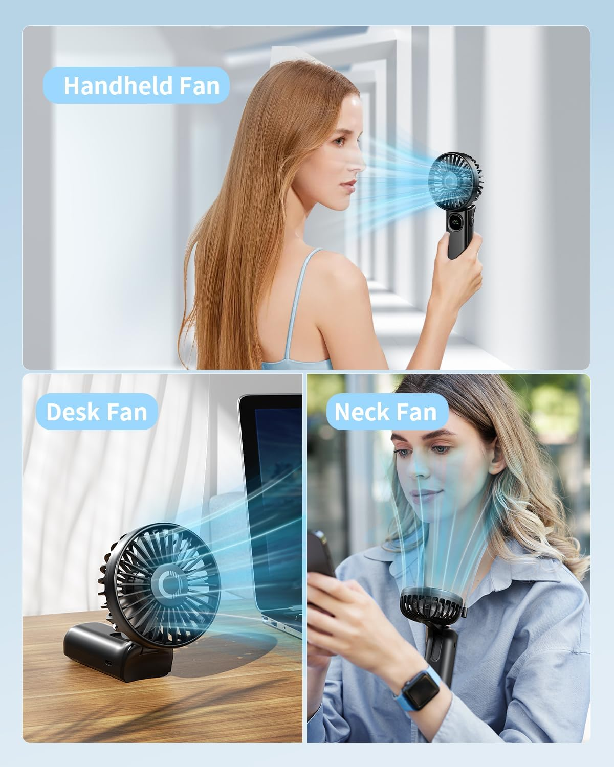 Handheld Fan, Foldable Portable Fan with LED Display, 3000Mah Battery Operated Mini Hand Held Fan, Handheld/Neck/Desk 3 in 1 Personal Small Fan for Eyelash Makeup Travel Beach Outdoor Black image number 1