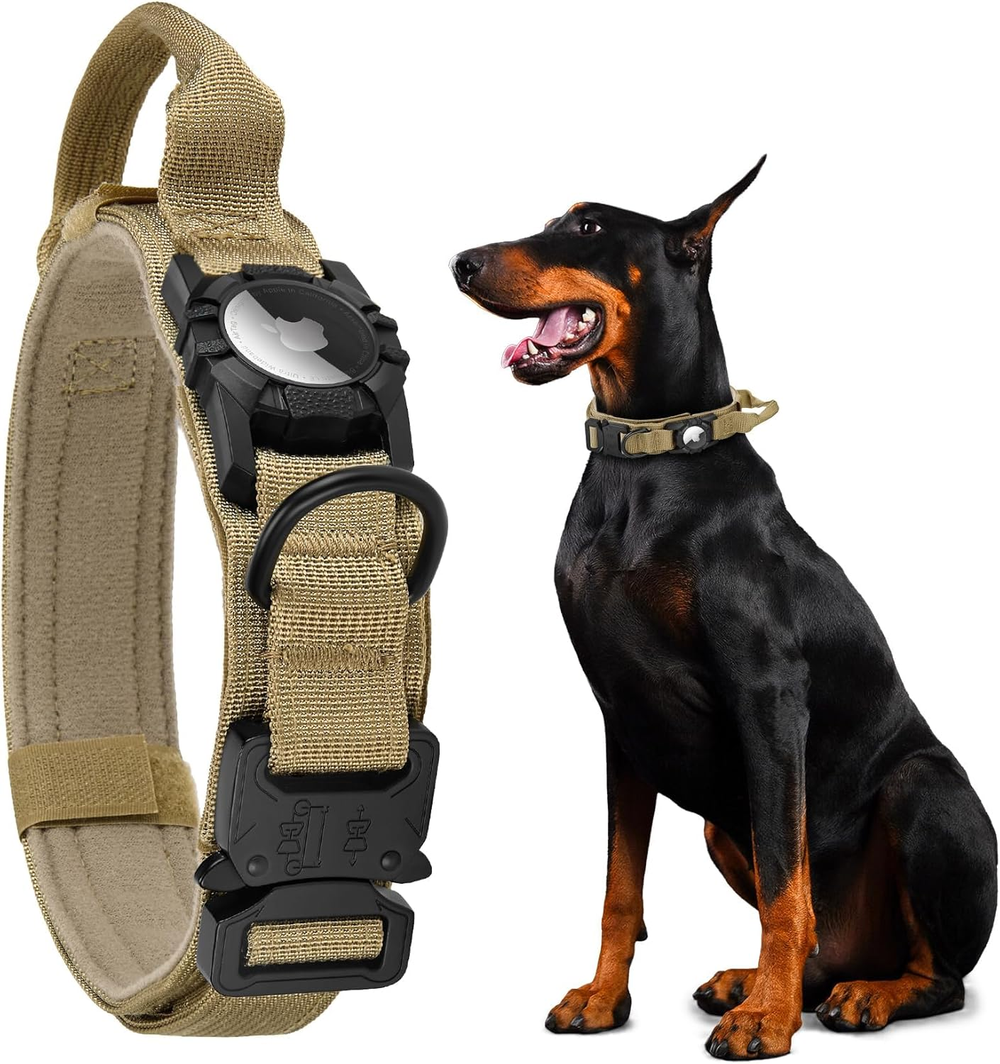 For Airtag Dog Collar - Tactical, Heavy Duty, Adjustable GPS Dog Collar Compatible with Airtag, with Holder & Control Handle for Large Dogs, Double Locking Metal Carabiner [Black,