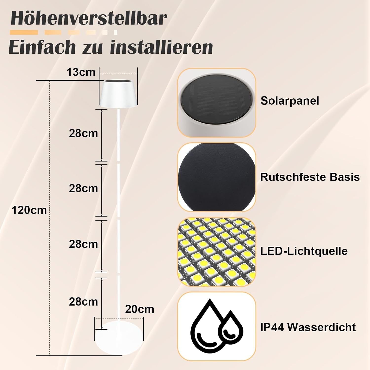 Homefire Outdoor Solar Floor Lamp 120 Cm: LED Floor Lamp Living Room Dimmable 3000 K - 6500 K with USB-C Rechargeable Battery White Wireless Floor Lamp Height Adjustable Waterproof for Indoor Garden image number 4