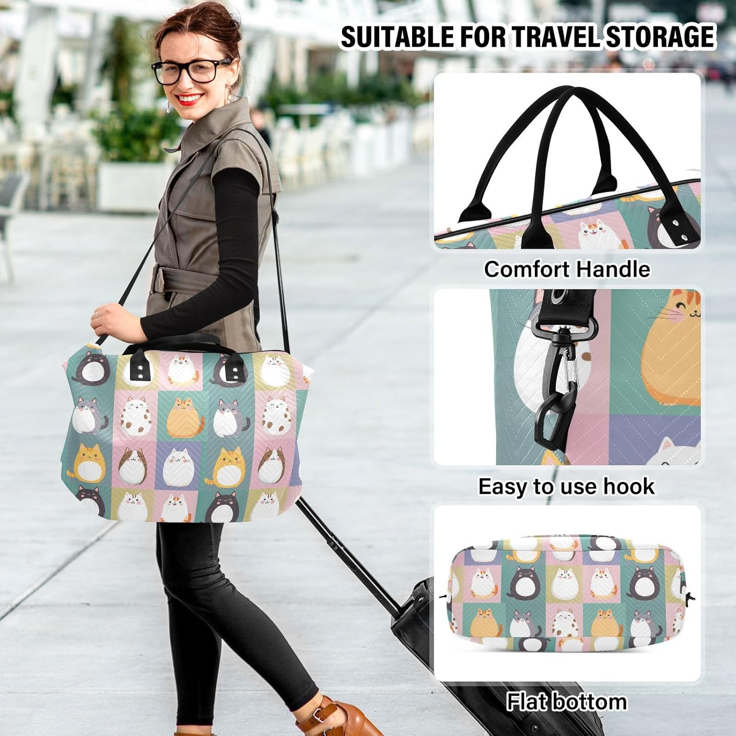 Travel Bag Travel Weekender Gear Bag with Adjustable Strap for Workout 2 Pcs Set, Cute Cartoon Cats Plaids image number 2