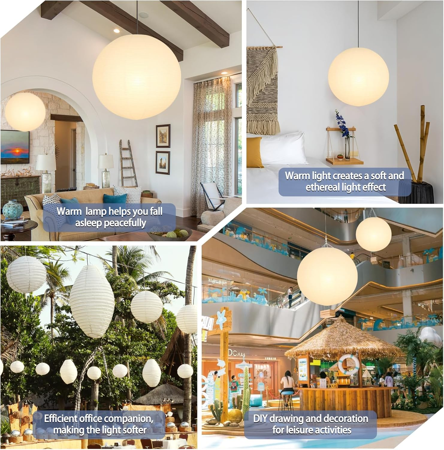 White round Paper Lantern Lampshade, 22"X22'' Large Paper Lanterns Pendant Light Shade, Chinese Foldable Design for Living Room, Bedroom, Ceiling Lampshade Party Decor image number 2