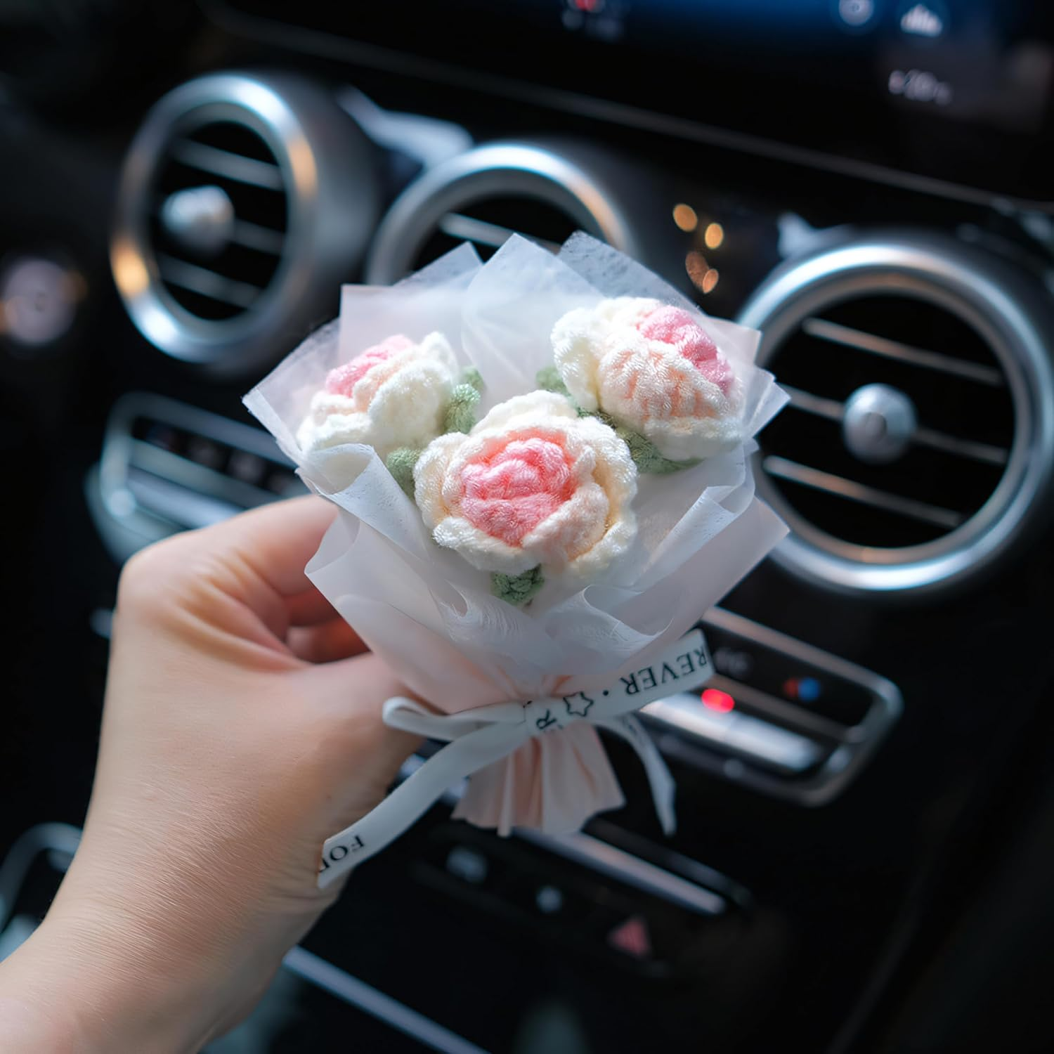 Handmade Pink Rose Car Vent Decor &ndash; Knitted Flower Bouquet, Elegant Gift Box, Perfect Car Interior Accessory for Women and Girls image number 3