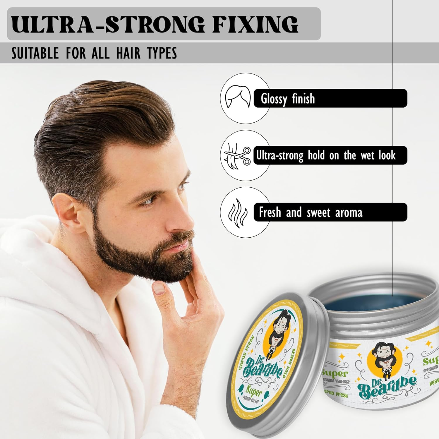 BEARDBE Super Strong Hair Wax for All Hair Types, with Citrus Fragrance and Extra Strong Hold, Intense Shine (Super Strong) image number 4