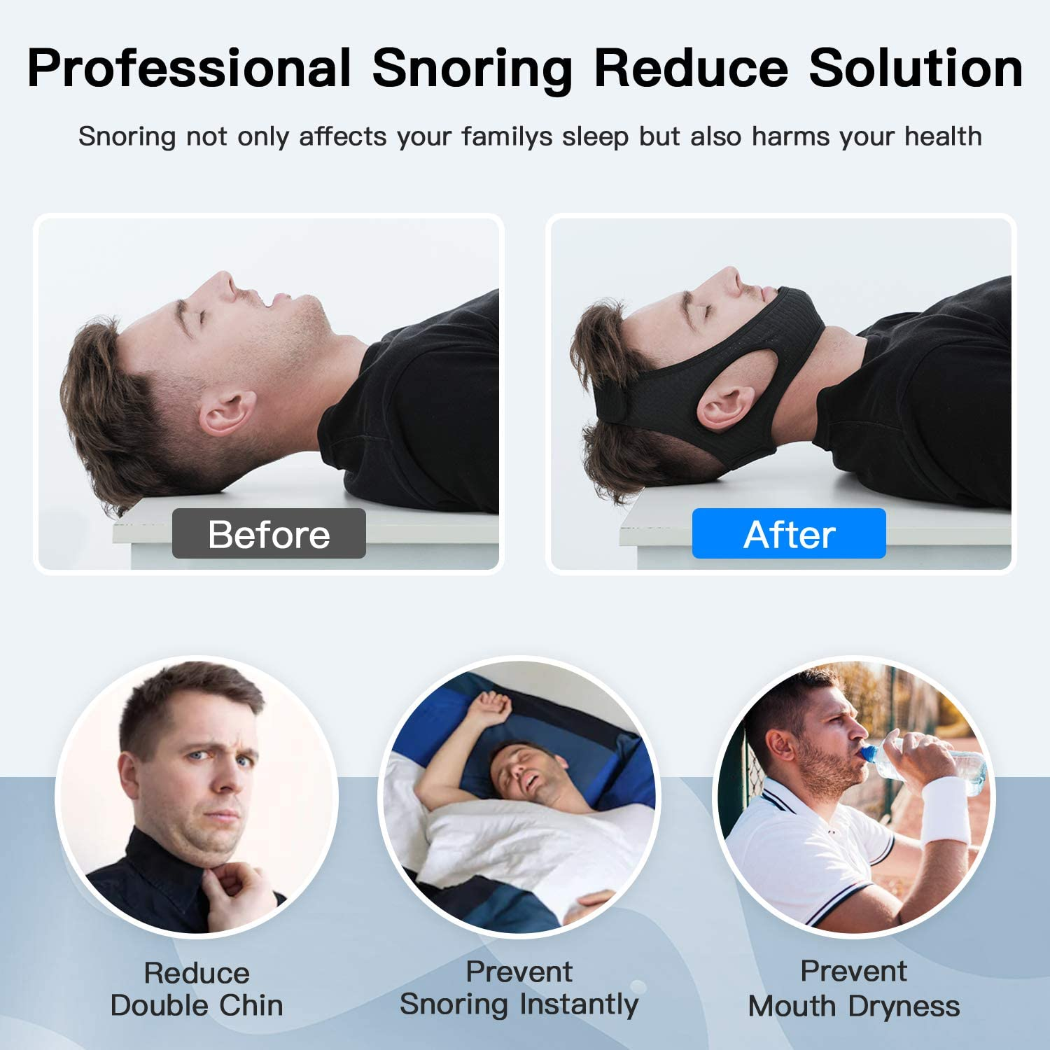 Anti Snore Chin Strap [Upgraded 2021], Vosaro Snore Solution anti Snoring Devices Effective Stop Snoring Chin Strap, Adjustable and Breathable Stop Snoring Sleep Aid for Men Women, Black image number 4