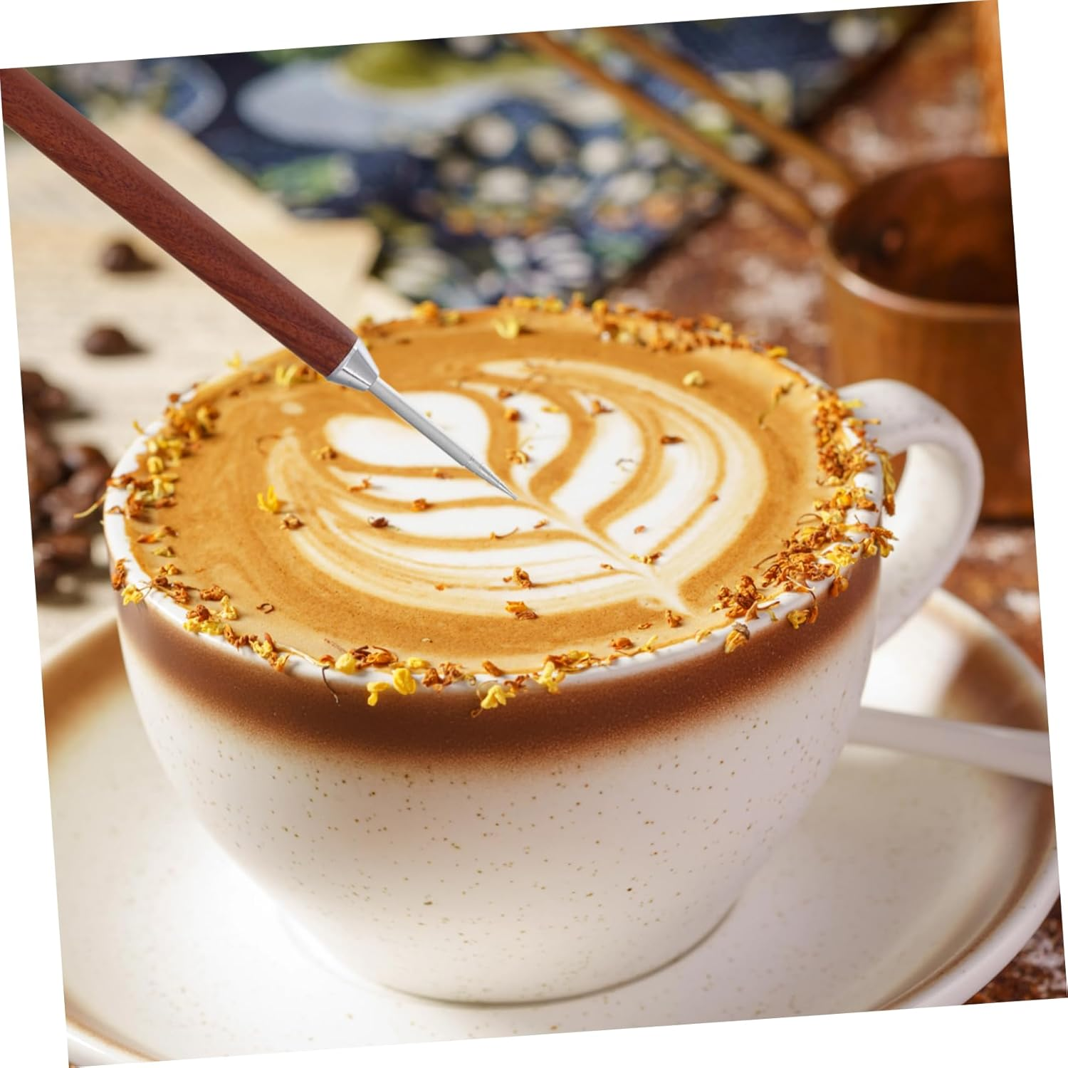 HOOTNEE Wooden Latte Art Needle Espresso Tool Set Robust Stainless Steel Stirrer Carved Handle for Coffee Tea Lovers image number 5