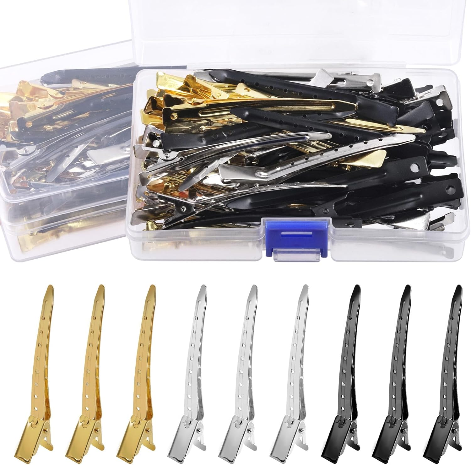 Hilitchi 45Pcs 3.5" Duck Billed Clips with Holes Metal Duck Billed Hair Clips Alligator Curl Clips Duck Bill Hair Clips Non-Slip Alligator Metal Clips for Hair Styling Sectioning(Silver, Gold, Black) image number 4