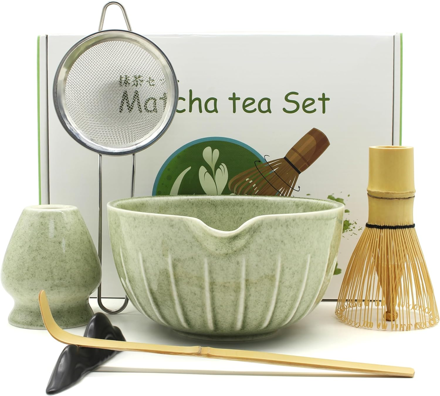 Traditional Japanese Matcha Tea Ceremony Set, 7-Piece Premium Ceramic Bowl and Bamboo Whisk Kit, with Scoop, Holder, Sifter, Rest, Tea Towel (Green) image number 4