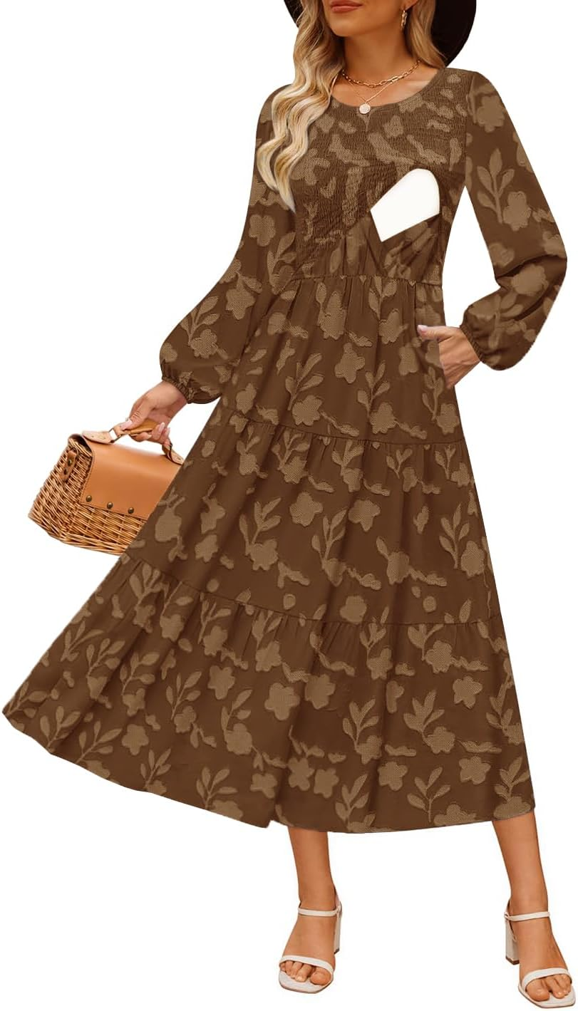 Women'S Nursing Dresses Fall Boho Floral Maxi Dress Breastfeeding Long Sleeve Crewneck Wedding Guest with Pockets image number 2