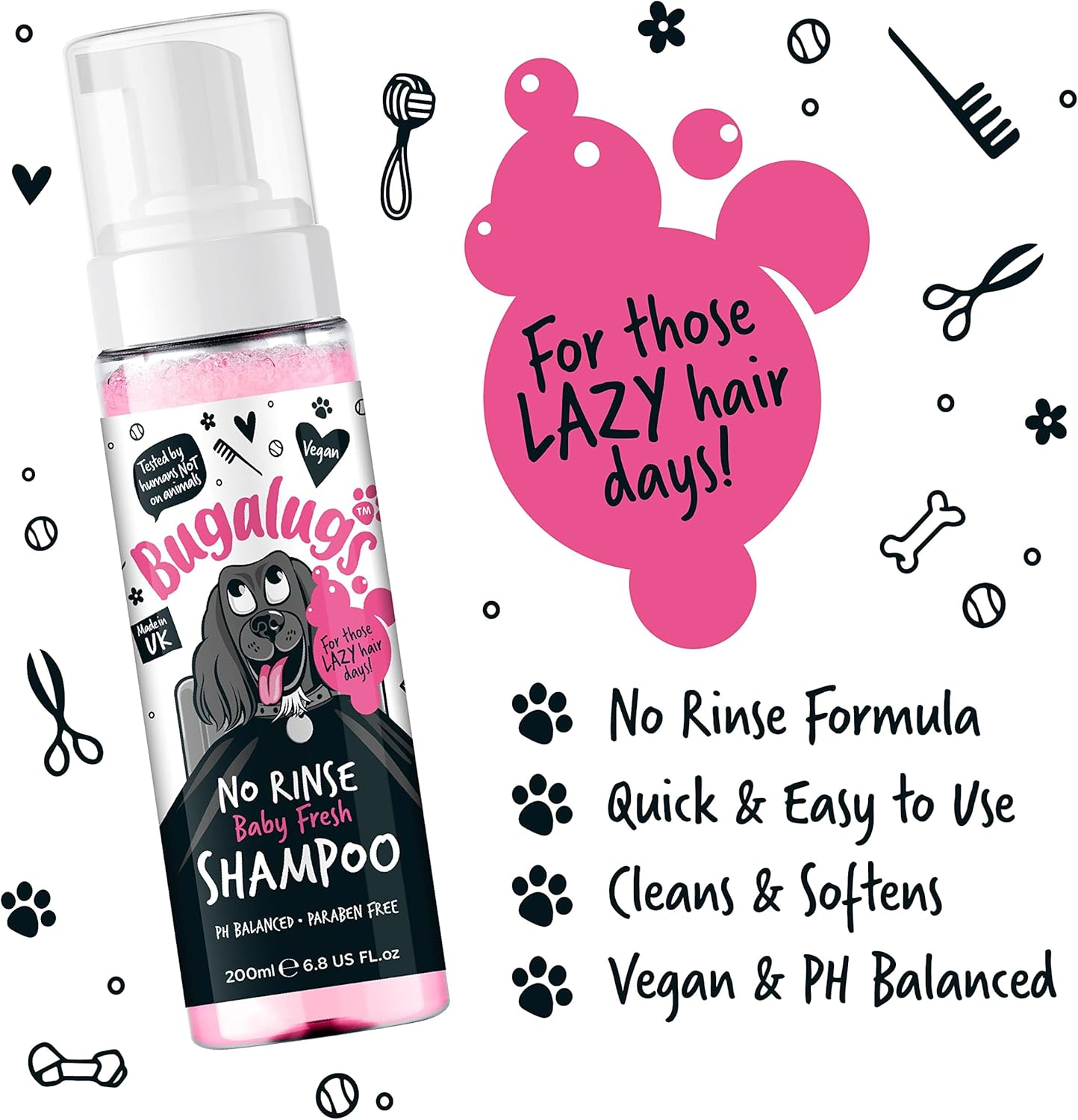 BUGALUGS No Rinse Baby Powder Dog Shampoo &ndash; Coat Dry Shampoo Quick Dog Bath for Dogs Itchy Skin Relief. Puppy Professional Groom Baby Powder Spray Foam (No 200Ml) Pink (BSNRBF200)