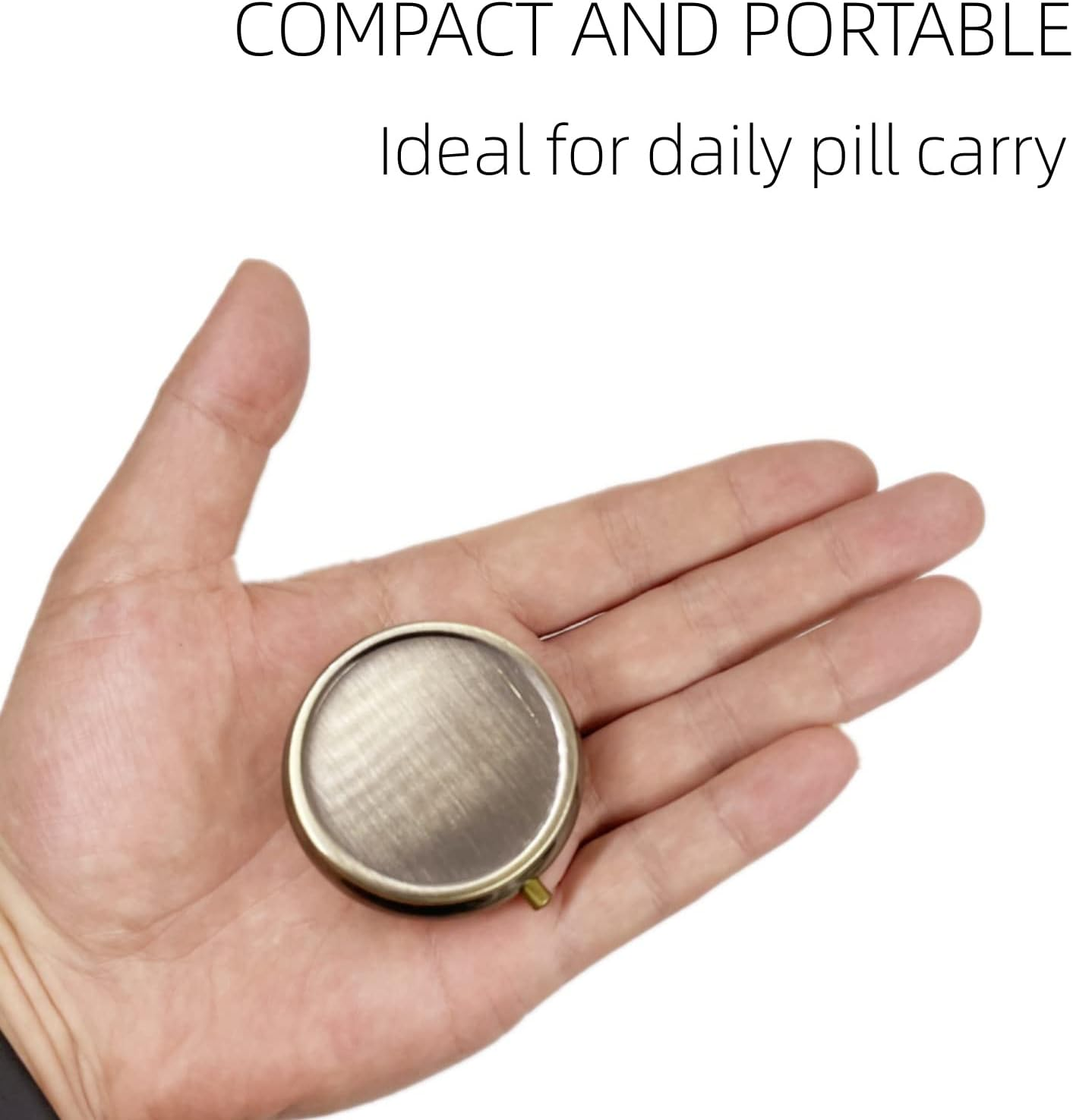 Small Pill Box, 3 Compartment Metal Pill Case, Pills Organizer Daily, Emergency Medicine Holder, Pills Storage Container with Mirror, Ideal for Purse, Travel, Outdoor, Gym, Bronze - Blue image number 6