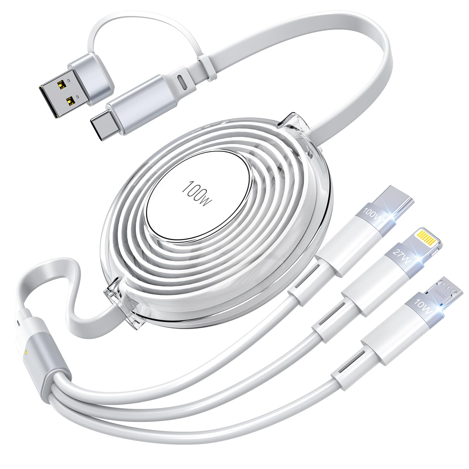 3-In-1 Retractable Multi Charging Cable, 100W Fast Charging USB-C/A to Lightning/Usb-C/Micro USB for Iphone 17, 16/15 14 Pro Max, Samsung, Travel Charger for Multiple Device - Transparent (Black) image number 2