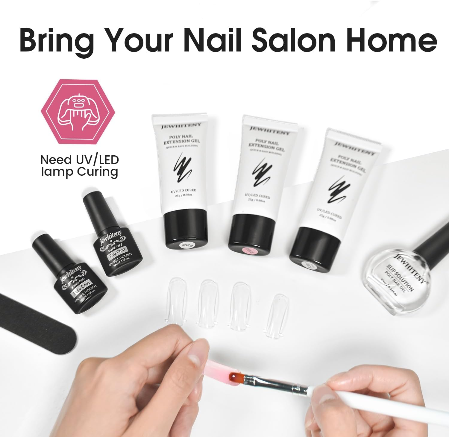 JEWHITENY Clear White Pink Poly Extension Gel Nail Set with Base and Finish for Finger Art and French Manicure Diy at Home, Needs Uv Lamp Healing image number 1