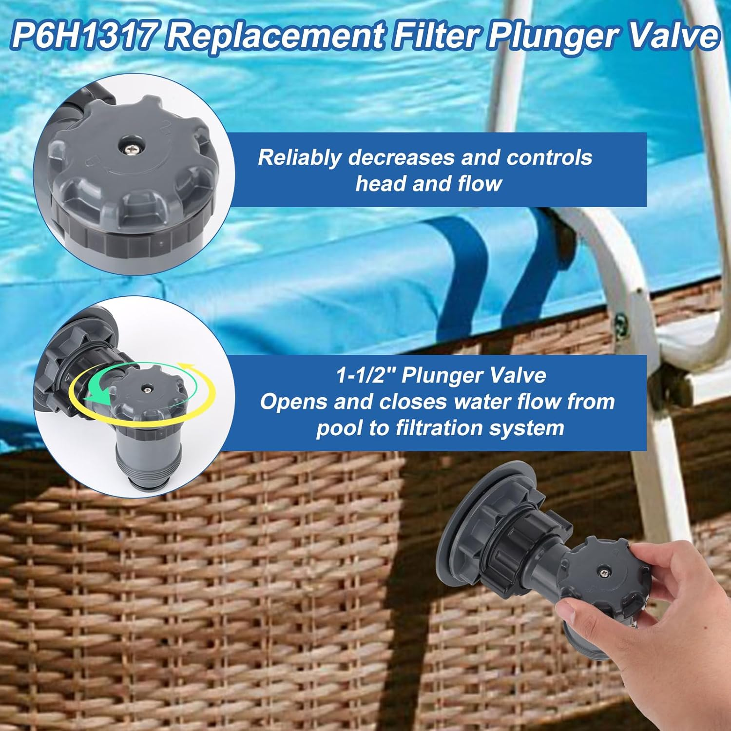 On/Off Plunger Valve with Strainer for P6H1317, On/Off Plunger Valve Easy Adjustment Replacement Parts for Above-Ground Pool Filter Pump Compatible with Intex Coleman Hnemix image number 1