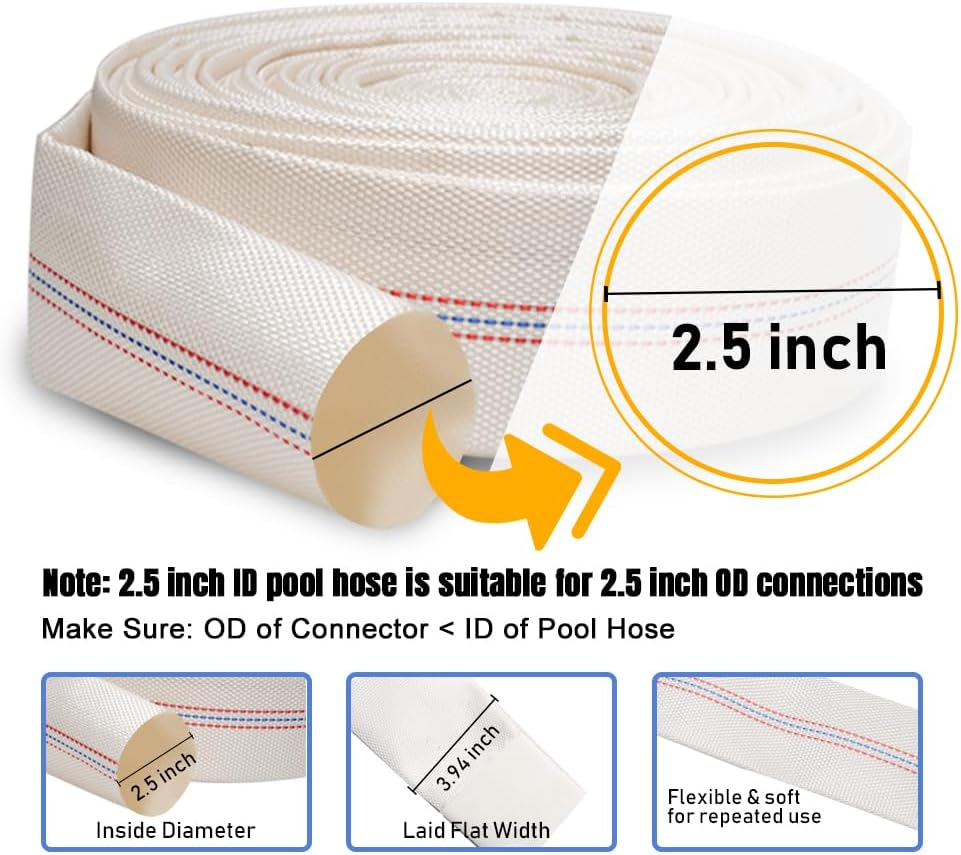 Eoiips 2.5 Inch X 26.2 Feet Length Swimming Pool Backwash Hose, PVC Lay-Flat Garden Hose Water Discharge Hose with Adjustable Hose Clamp for Patio Garden Lawn Irrigation & Swimming Pool image number 5