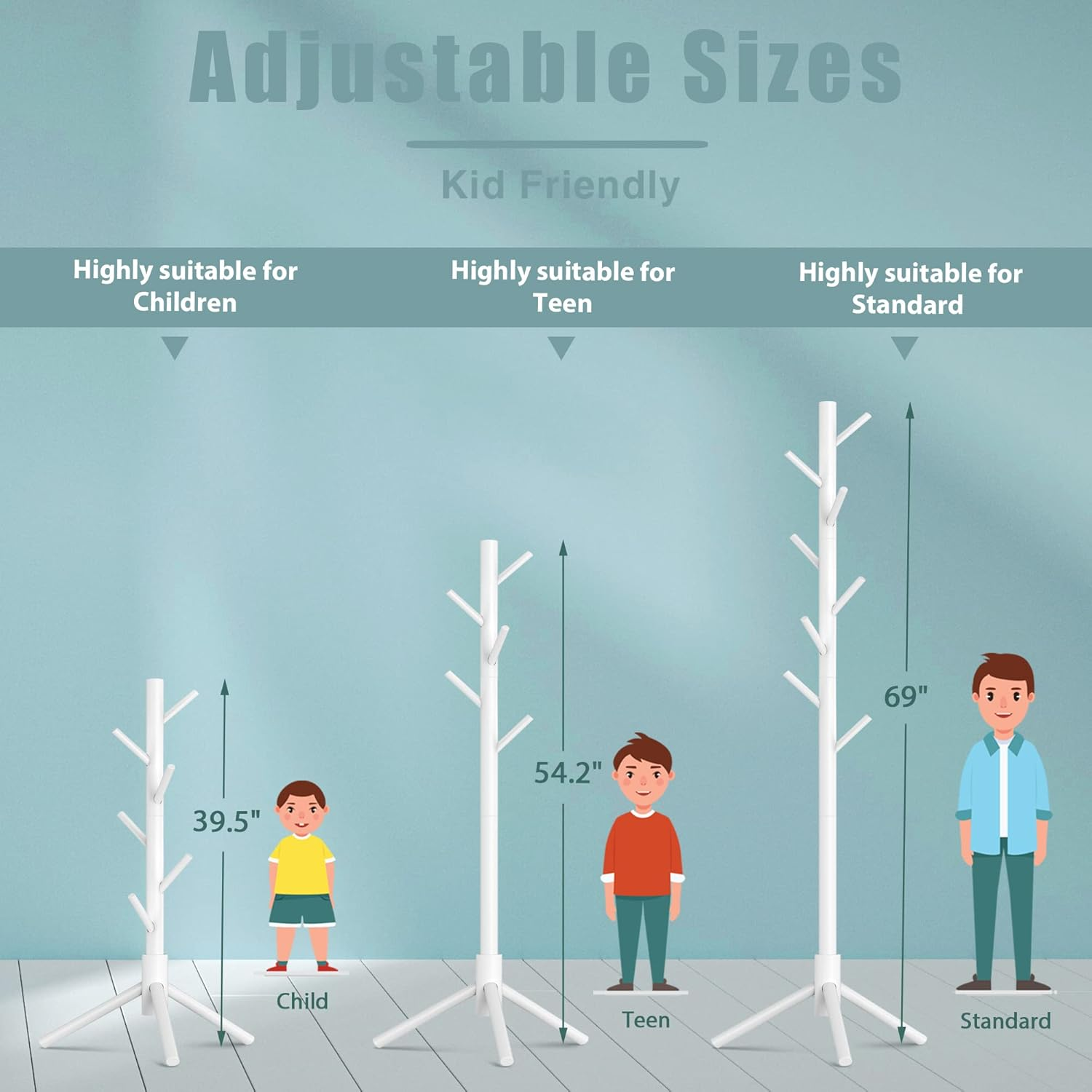 Haddockway Wooden Coat Rack Stand with 8 Hooks New Zealand Pine Adjustable Coat Standing Tree Easy Assembly for Coats, Hats, Scarves and Handbags for Entryway, Hallway, Bedroom, Office,2 PCS image number 2