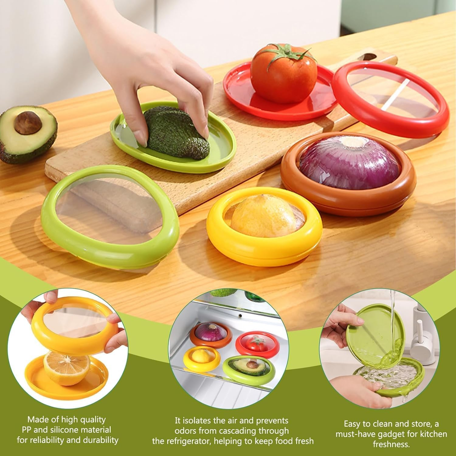 4 Pcs Vegetable and Fruit Storage Containers for Fridge, Refrigerator Vegetable Crisper Makes Food Stays Fresh Longer, BPA Free & Reusable, Ideal Avocado Lemon Tomato and Onion Keeper/Saver/Holder image number 1