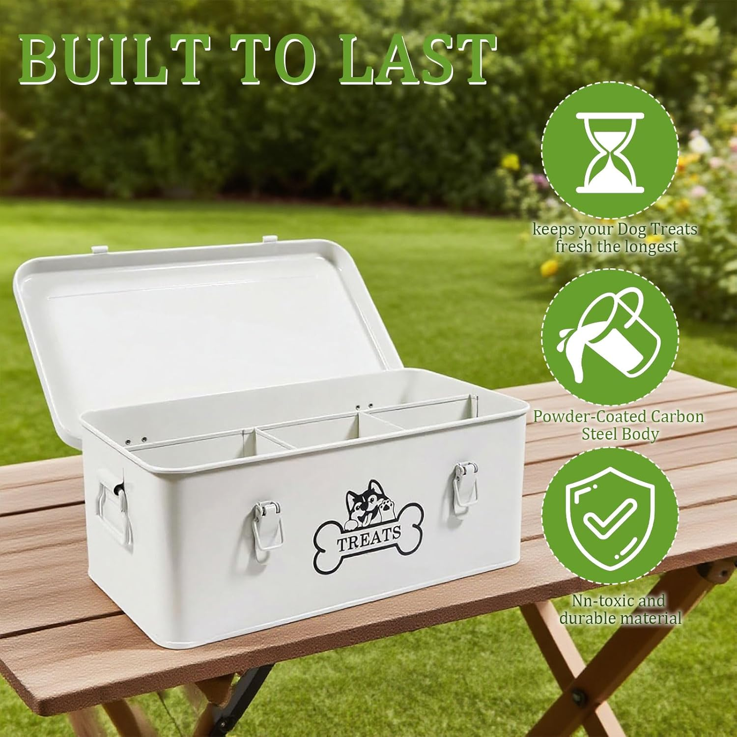 Zoeqide Dog Treat Container Metal 8.5 L - Dog Treat Container Airtight with Lids & Dividers, White - Treat Storage with Lock for Dry Food, Snack Box Shelf & Kitchen image number 6