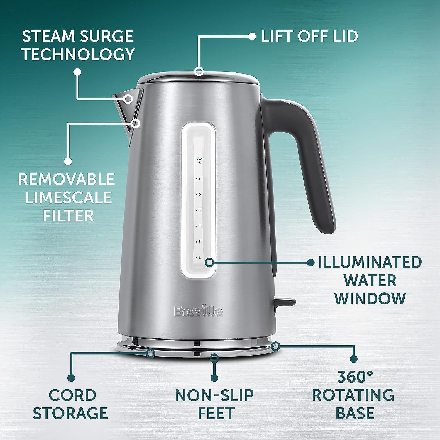 Breville Edge Low Steam Kettle | 1.7L | 3KW Fast Quiet Boil Kettle | Energy Efficient | Brushed Stainless Steel [VKT236]