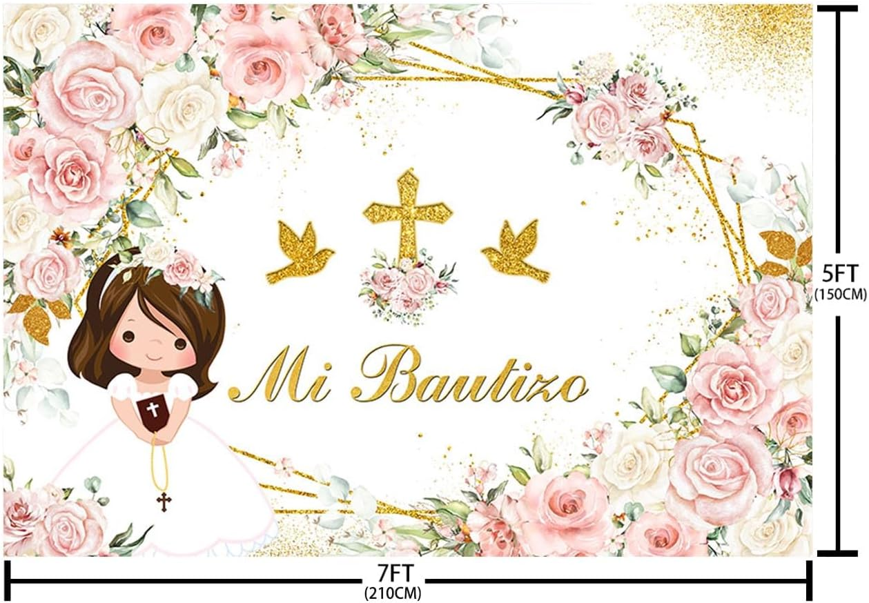 AIBIIN Mi Bautizo Backdrop Boho Baptism God Blessing Communion Party Decoration Girl Pink White Flowers Gold Dove Holy Cross Newborn Baby Shower Photo Booth Props 7X5Ft