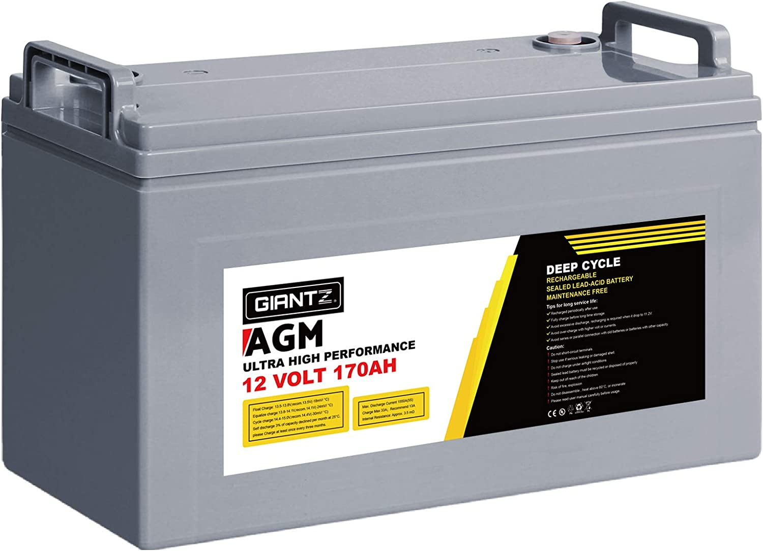 Giantz 170Ah AGM Deep Cycle Battery, Recharge Batterys 4Wd Charging Portable, 1400 Cycles Long Life High Performance for Solar Camper Trailer Caravan Camping Car Power Supply