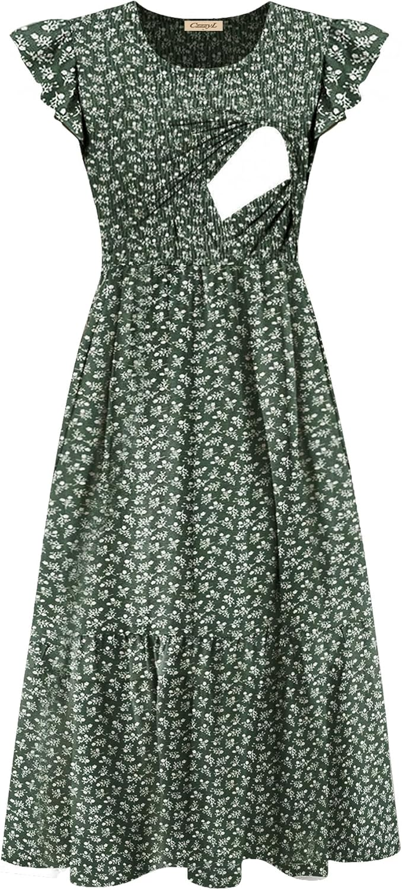Women'S Nursing Dress Flutter Short Sleeve Crew Neck Smocked Elastic Waist Tiered Midi with Pockets image number 1