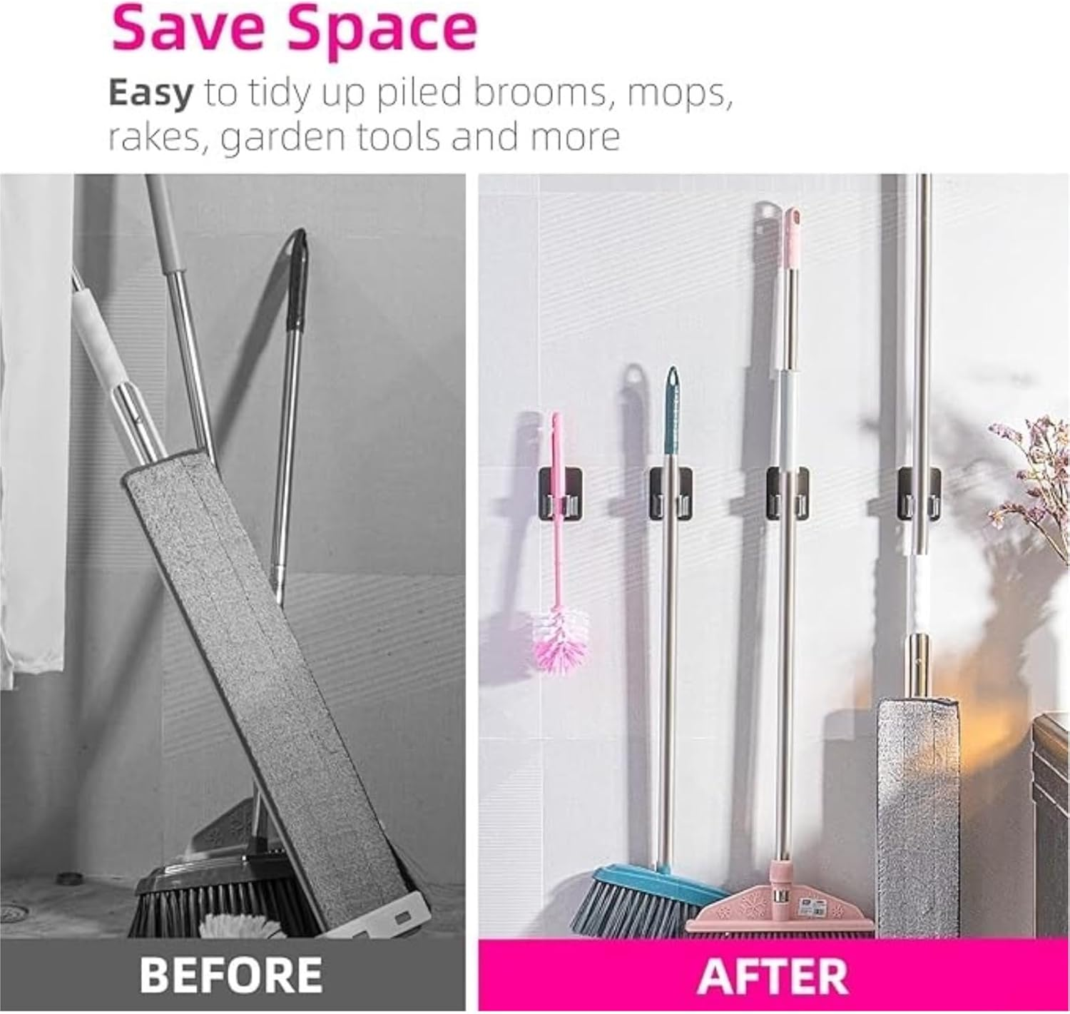 AUDWUD 4PCS Broom Holder Wall Mount，Space-Saving, Stainless Steel, Black,Anti-Slip Mop Holder Wall Mount, Self Adhesive Broom Organizer Hanger Gripper for Bathroom, Kitchen, Laundry Room Storage image number 1