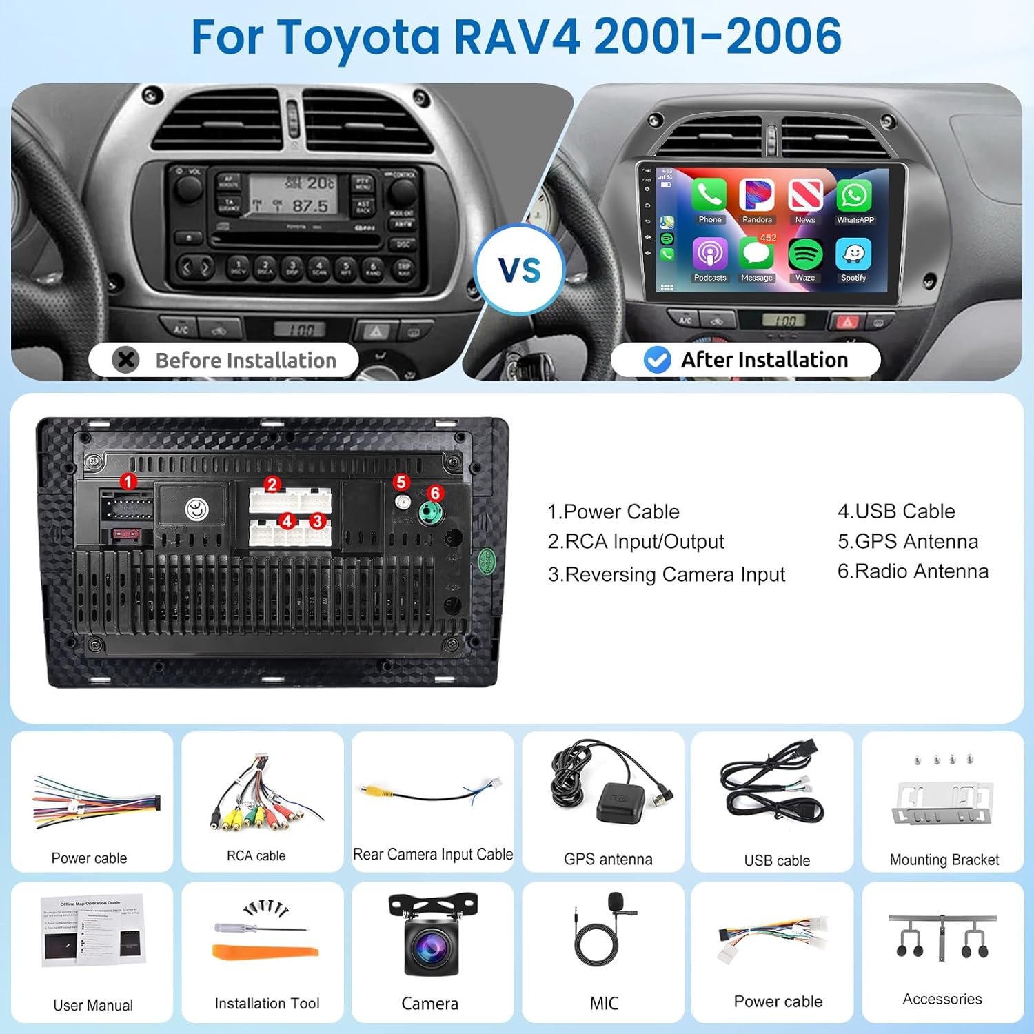 Rimoody Android Car Stereo for Toyota RAV4 2001-2006 with Apple Carplay, 9 Inch Touch Screen Car Radio with GPS Navigation Bluetooth FM Hifi Wifi Android Auto + AHD Backup Camera image number 1