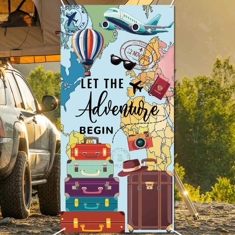 WADORN Let the Adventure Begin Backdrop, Adventure Awaits Birthday Party Banner Decorations Large Fabric Global Travel Photo Booth Banner Map Photography Background for Graduation 35.43X70.87 Inch image number 2